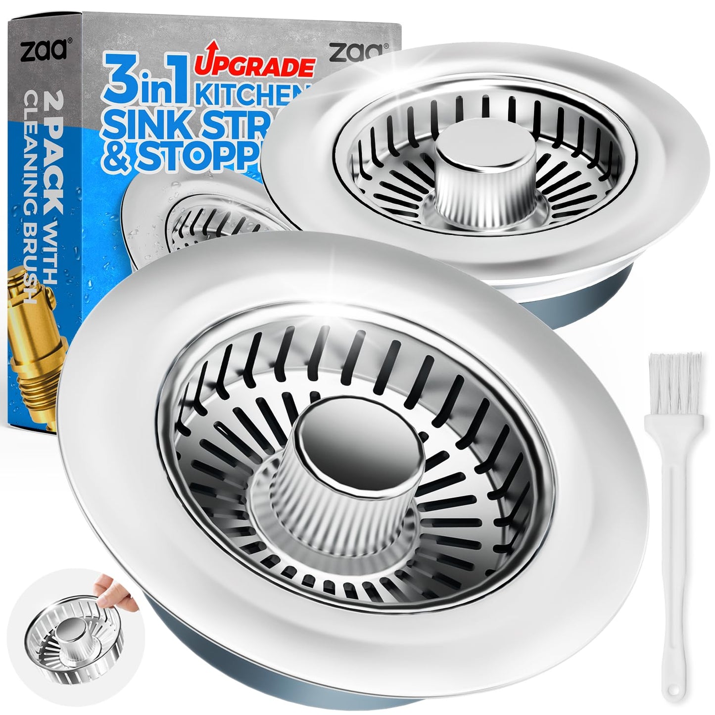 Sink Drain Strainer - Sink Stopper Kitchen Drain, 3 in 1 Kitchen Sink Drain Strainer with Anti-Clogging Basket, Kitchen Gadgets Clearance Sink Accessories, Fit US Standard 3-1/2'' Sink Hole, Silver