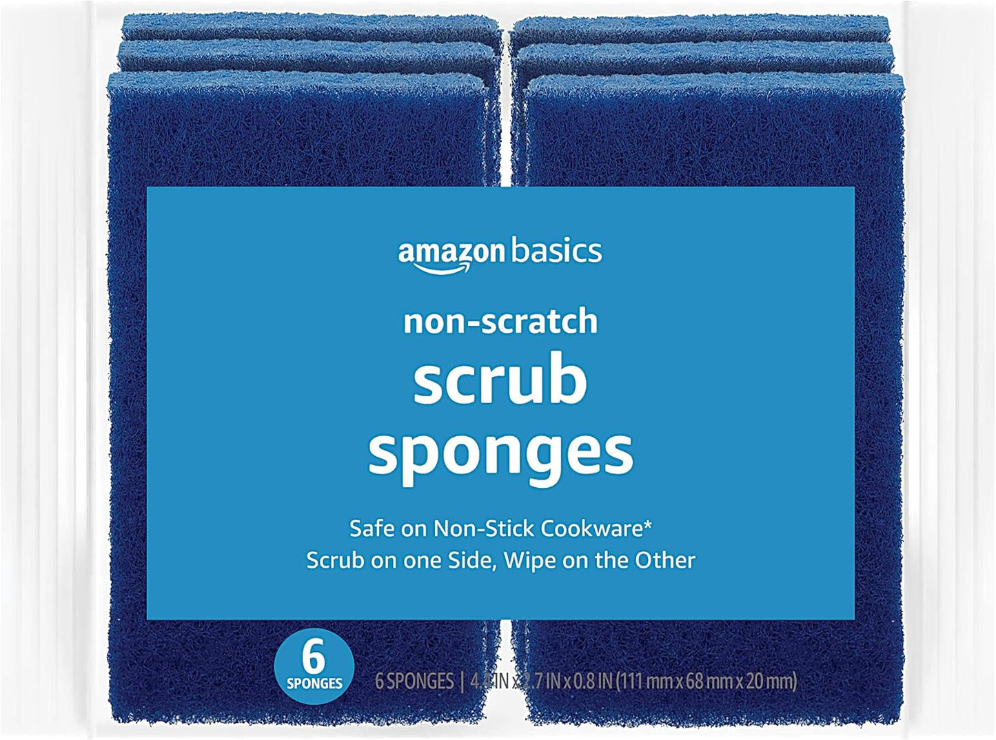 Amazon Basics Non-Scratch Scrub Sponges, Safe on Non-stick Cookware, Blue, 6 Count