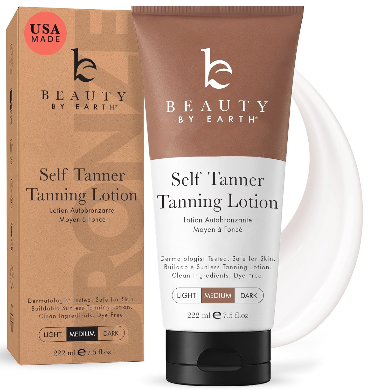 Beauty by Earth Self Tanner - USA Made with Natural & Organic Ingredients, Moisturizing Self Tanning Lotion with Aloe Vera & Coconut for a Natural Glow, Streak-Free Fake Tan (Medium)