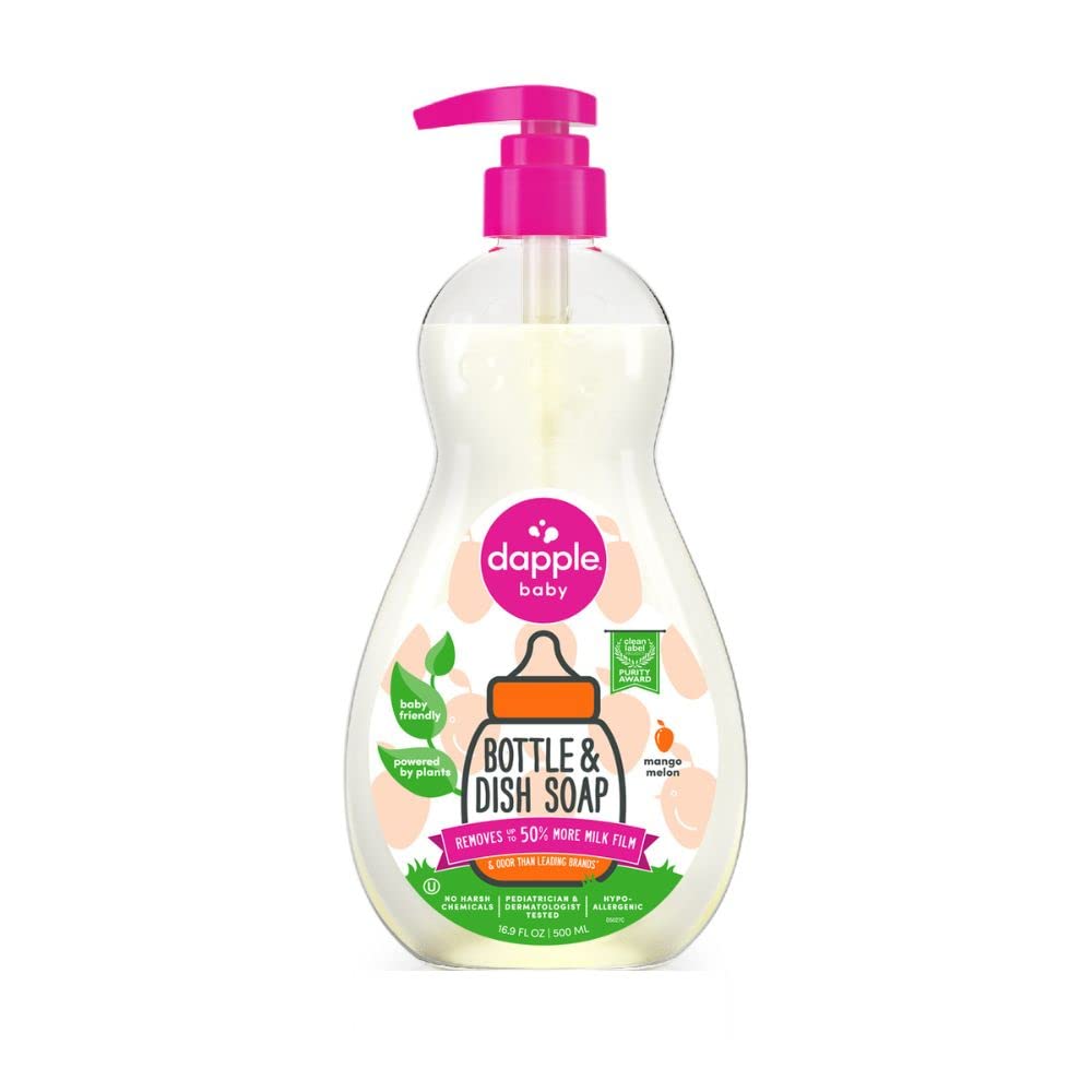 Dapple Baby Bottle Soap, Hypoallergenic Dish Soap for Baby Bottles, Powered by Plants, 1 Pump Included, Packaging May Vary, Fragrance Free, 16.9 Fl Oz (Pack of 3)