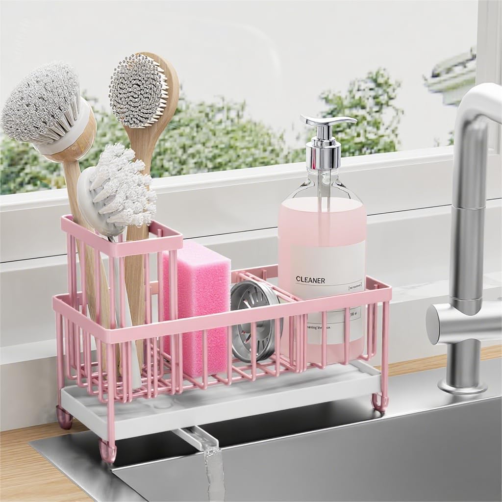 Cisily Sponge Holder for Kitchen Sink, Sink Caddy Organizer with High Brush Holder, Kitchen Countertop Organizers and Storage Essentials, Rustproof 304 Stainless Steel (Black, 9.25″)