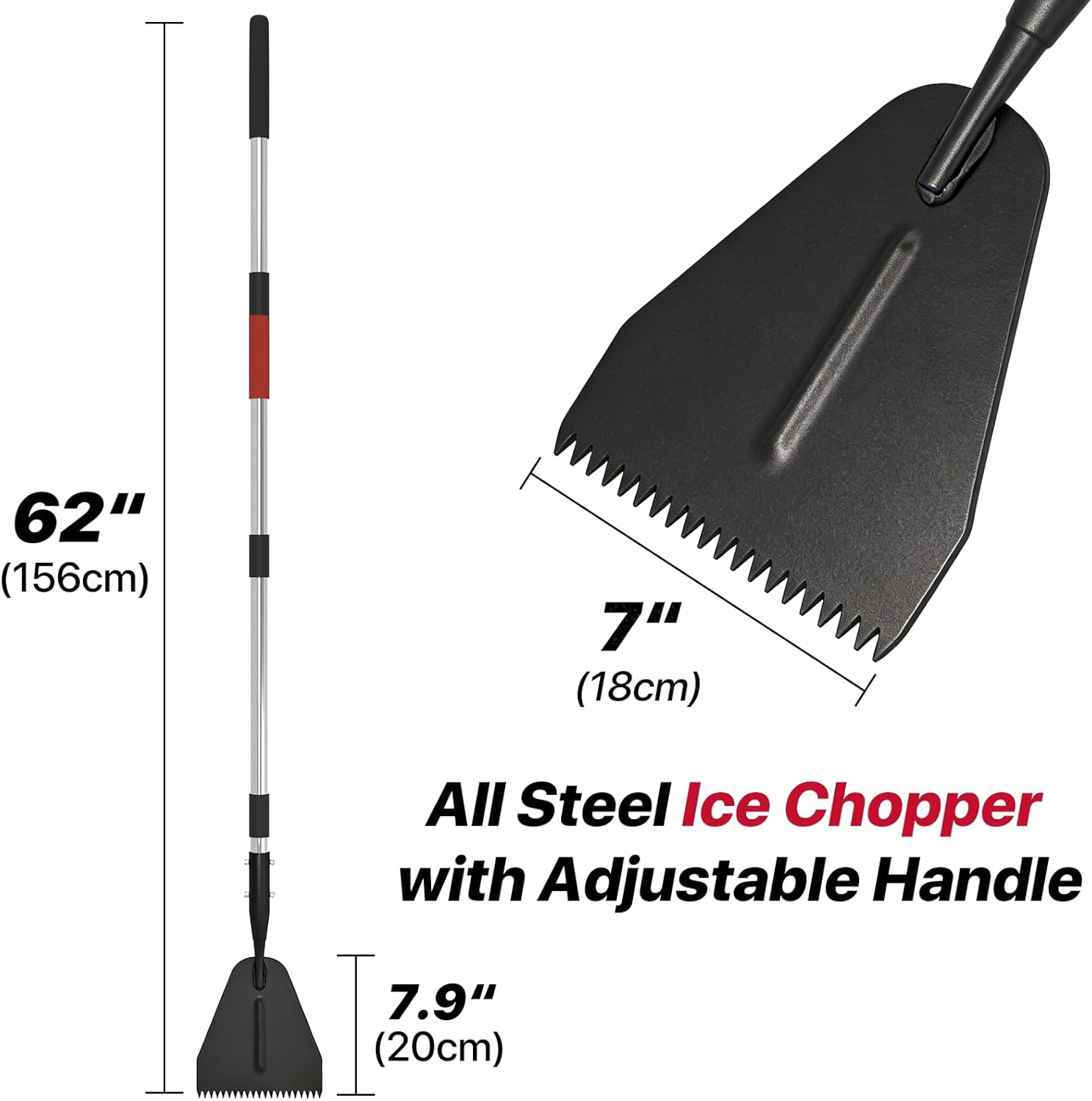 Ice Scraper with Saw-Tooth Edge - Heavy Duty Ice Chopper for Driveway, Sidewalk, Serrated Blade for Ice Breaking Tool, Effortless Removal of Thick Ice, Ice Scraper Chopper with 62-inch Long Handle
