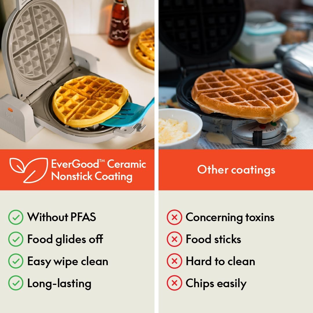 bella Flip-n-Store Waffle Maker with EverGood™ Ceramic Nonstick Coating, Fits-anywhere™ Kitchenware, Power Indicator Light, Cool Touch Handle & Cord Wrap, 7” Wide & 1" Deep Plates, 1000 Watt, Oatmilk