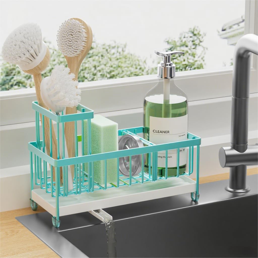 Cisily Sponge Holder for Kitchen Sink, Sink Caddy Organizer with High Brush Holder, Kitchen Countertop Organizers and Storage Essentials, Rustproof 304 Stainless Steel (Black, 9.25″)