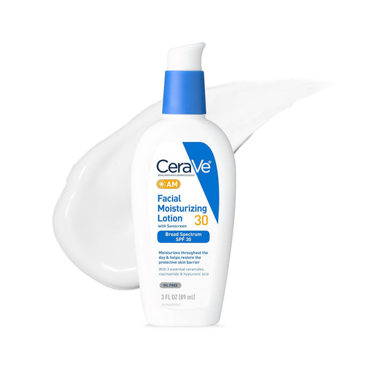 CeraVe AM Facial Moisturizing Lotion with SPF 30, Oil-Free Face Moisturizer with SPF, Formulated with Hyaluronic Acid, Niacinamide & Ceramides, Non-Comedogenic, Broad Spectrum Sunscreen, 3 Ounce