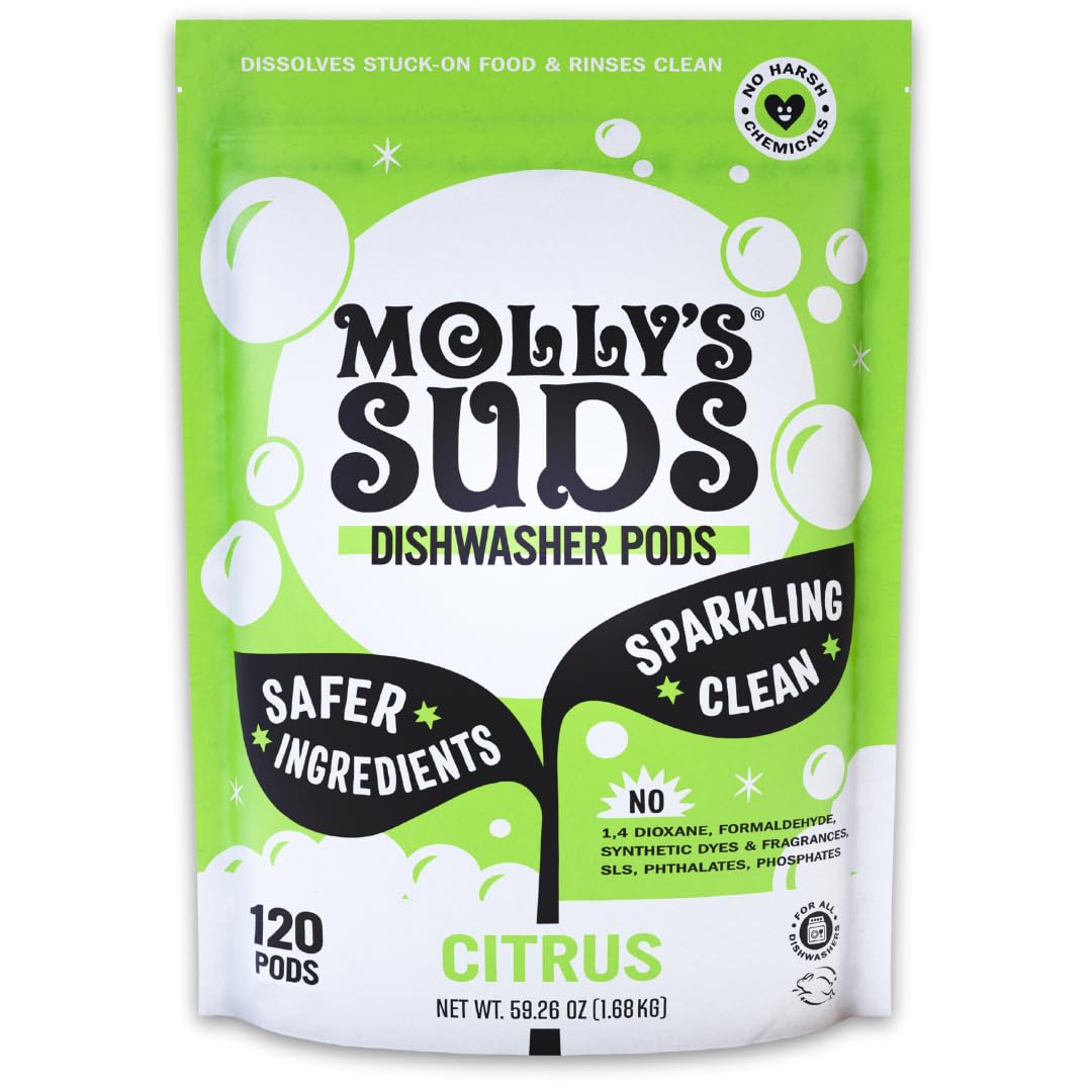 Molly's Suds Dishwasher Pods | Clean Dishwasher Detergent, Cuts Grease & Rinses Clean (Residue-Free) for Sparkling Dishes | 60 Auto-Release Tabs (Unscented)