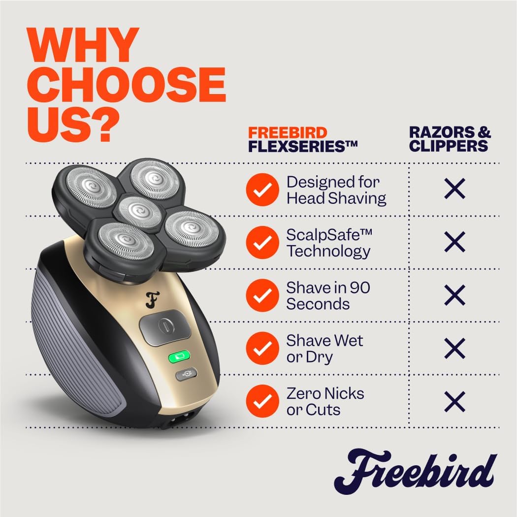 Freebird FlexSeries Electric Head & Body Hair Shaver - Mens Cordless Rechargeable Wet/Dry Skull Bald Head Back & Groin Waterproof Razor with Rotary Blades, Clippers, Nose Trimmer, Brush, Massager
