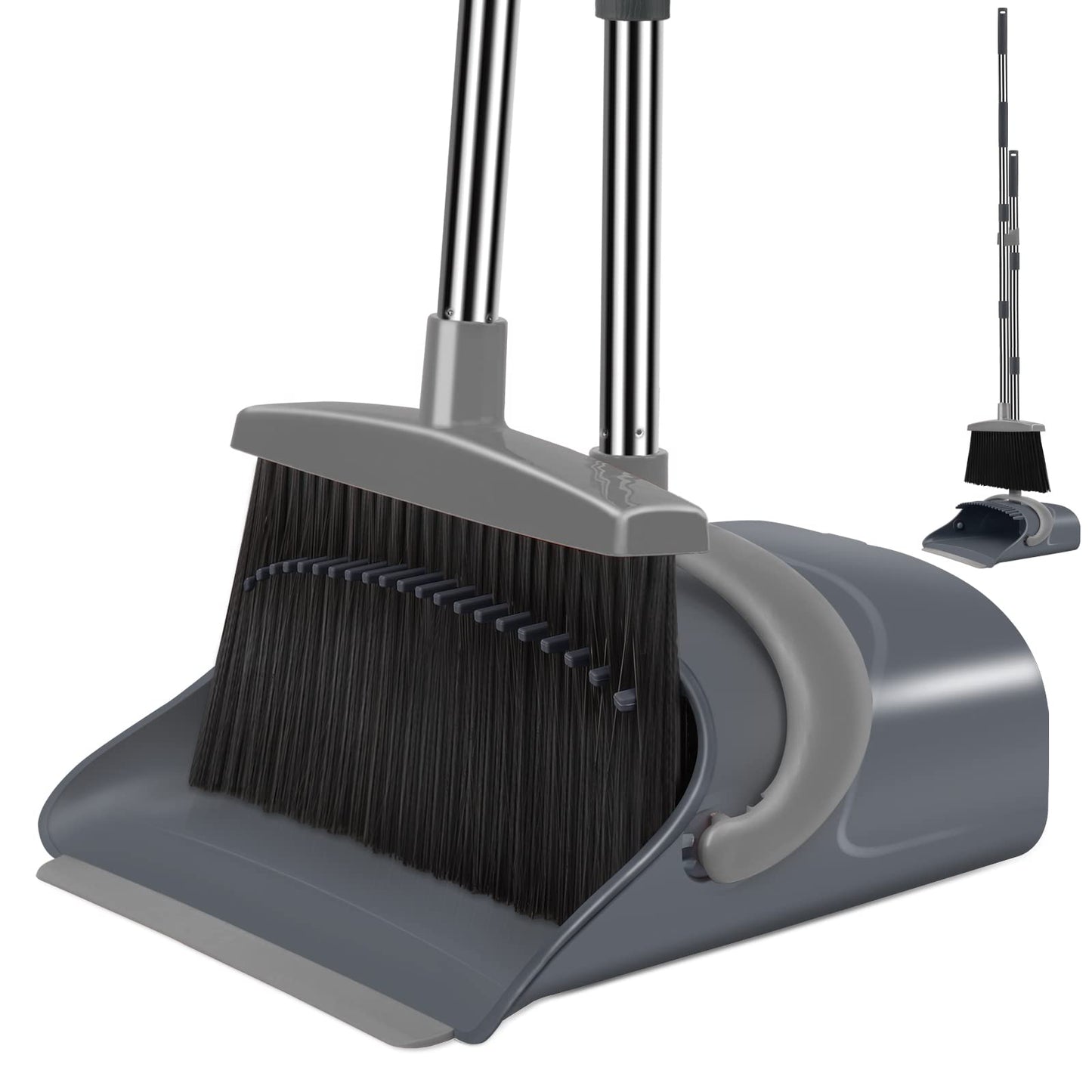 Broom and Dustpan Set for Home, Broom and Dustpan Combo for Office, Long Handle Broom with Upright Standing Dust pan,Indoor&Outdoor Sweeping (Gray&Orange)