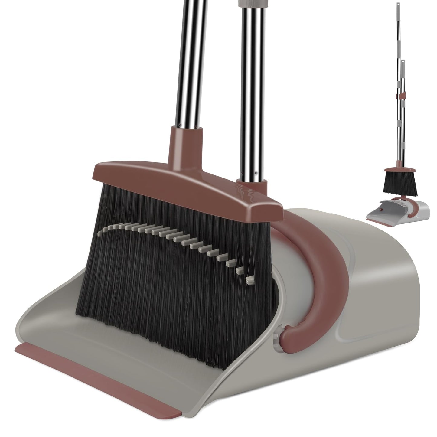 Broom and Dustpan Set for Home, Broom and Dustpan Combo for Office, Long Handle Broom with Upright Standing Dust pan,Indoor&Outdoor Sweeping (Gray&Orange)