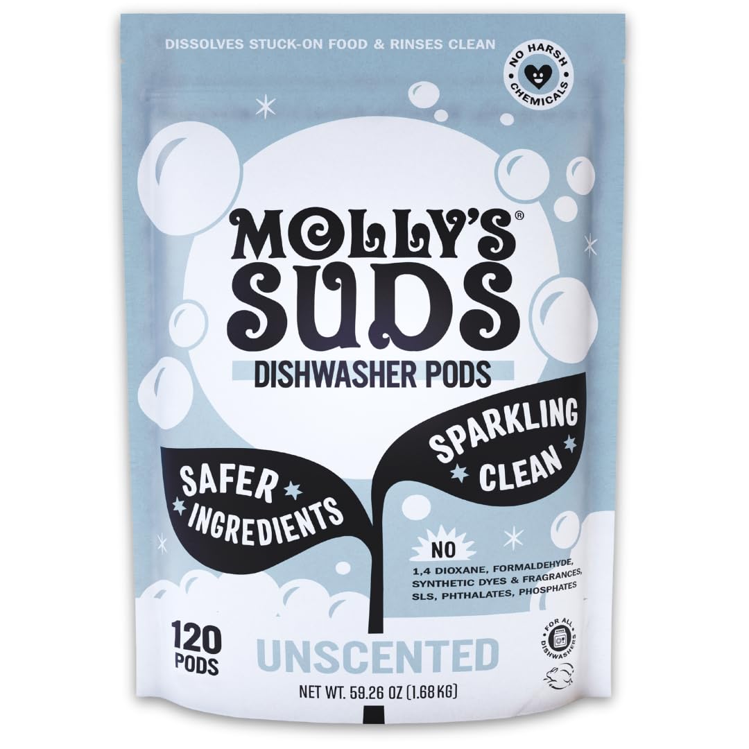 Molly's Suds Dishwasher Pods | Clean Dishwasher Detergent, Cuts Grease & Rinses Clean (Residue-Free) for Sparkling Dishes | 60 Auto-Release Tabs (Unscented)
