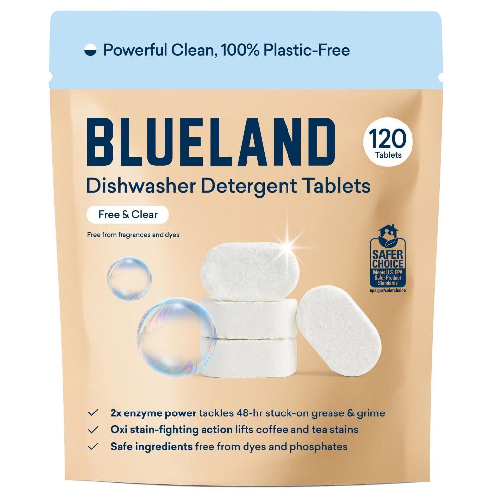 BLUELAND 100% Plastic-Free Dishwasher Detergent Tablets, 60 Count, Free & Clear, Eco-Friendly Dishwashing Pods, Natural, USDA Certified biobased