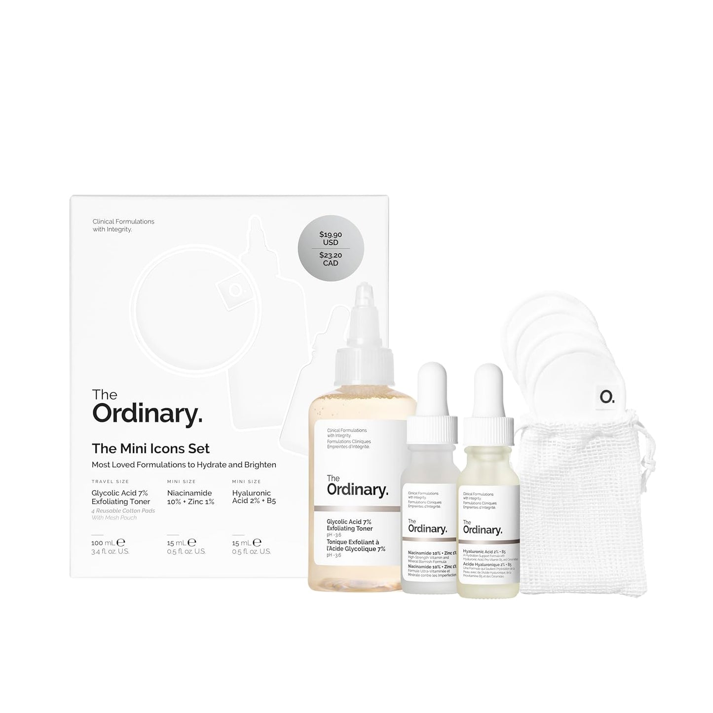 The Ordinary The Mini Icons Set, Travel Size Skin Care to Hydrate and Brighten, Glycolic Acid 7% Exfoliating Toner, Niacinamide 10% + Zinc 1%, Hyaluronic Acid 2% + B5, 4 Reusable Rounds