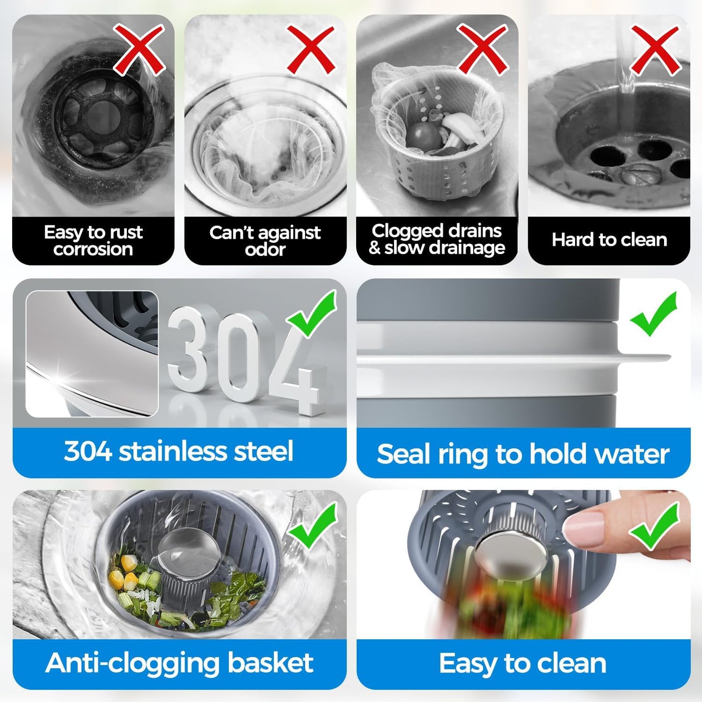 Sink Drain Strainer - Sink Stopper Kitchen Drain, 3 in 1 Kitchen Sink Drain Strainer with Anti-Clogging Basket, Kitchen Gadgets Clearance Sink Accessories, Fit US Standard 3-1/2'' Sink Hole, Silver