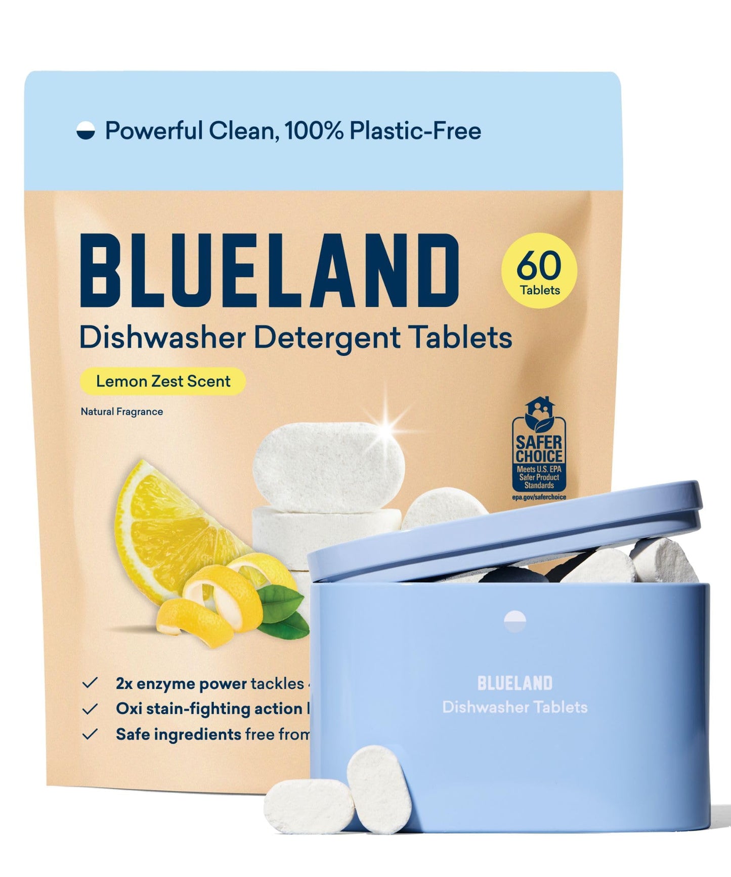 BLUELAND 100% Plastic-Free Dishwasher Detergent Tablets, 60 Count, Free & Clear, Eco-Friendly Dishwashing Pods, Natural, USDA Certified biobased