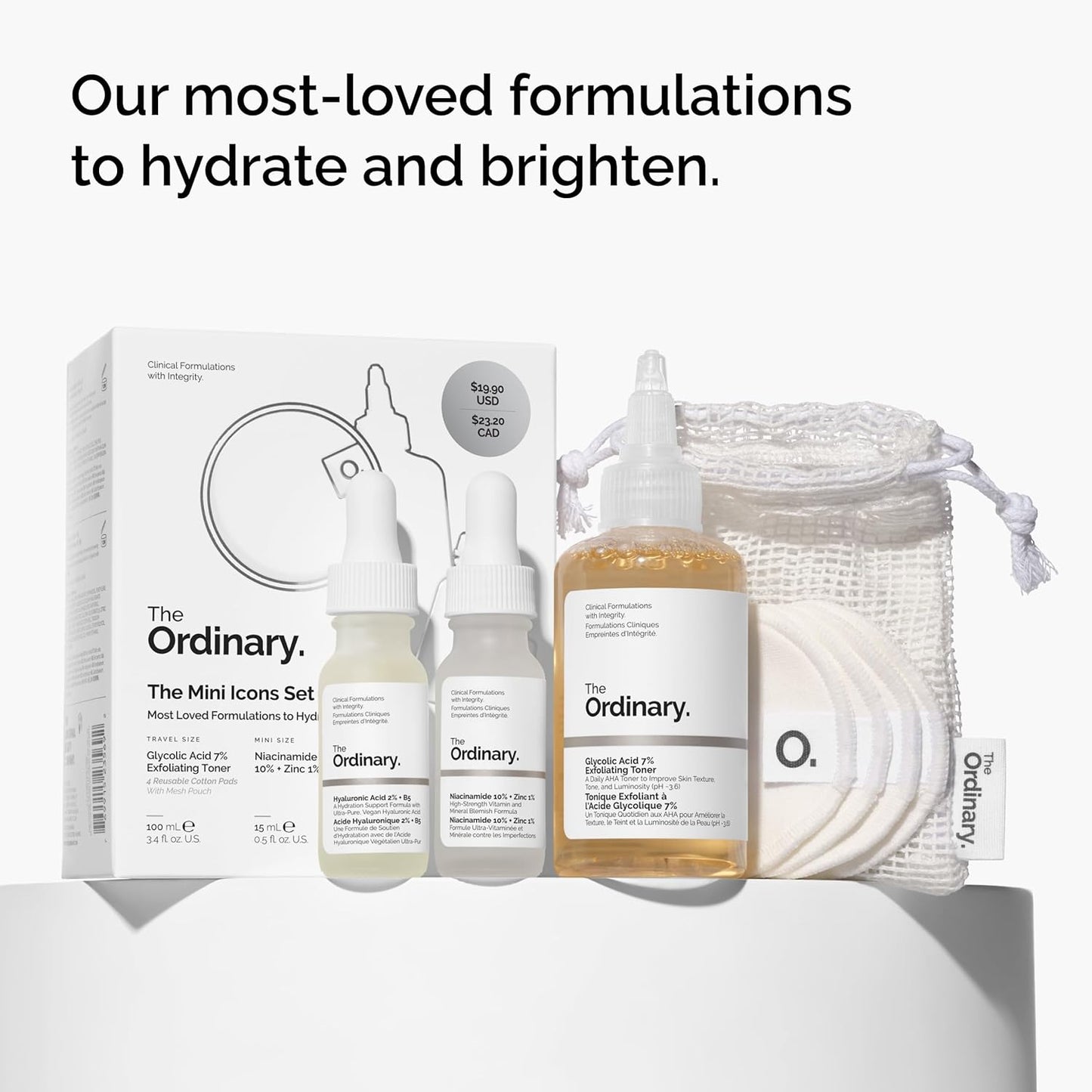 The Ordinary The Mini Icons Set, Travel Size Skin Care to Hydrate and Brighten, Glycolic Acid 7% Exfoliating Toner, Niacinamide 10% + Zinc 1%, Hyaluronic Acid 2% + B5, 4 Reusable Rounds
