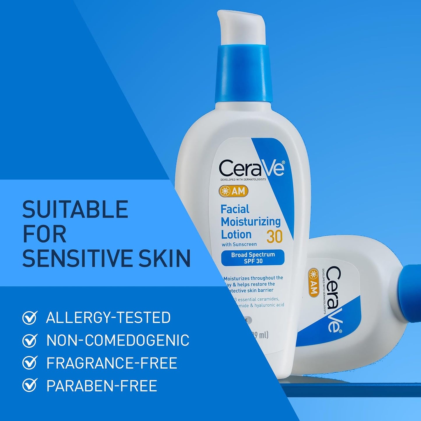 CeraVe AM Facial Moisturizing Lotion with SPF 30, Oil-Free Face Moisturizer with SPF, Formulated with Hyaluronic Acid, Niacinamide & Ceramides, Non-Comedogenic, Broad Spectrum Sunscreen, 3 Ounce