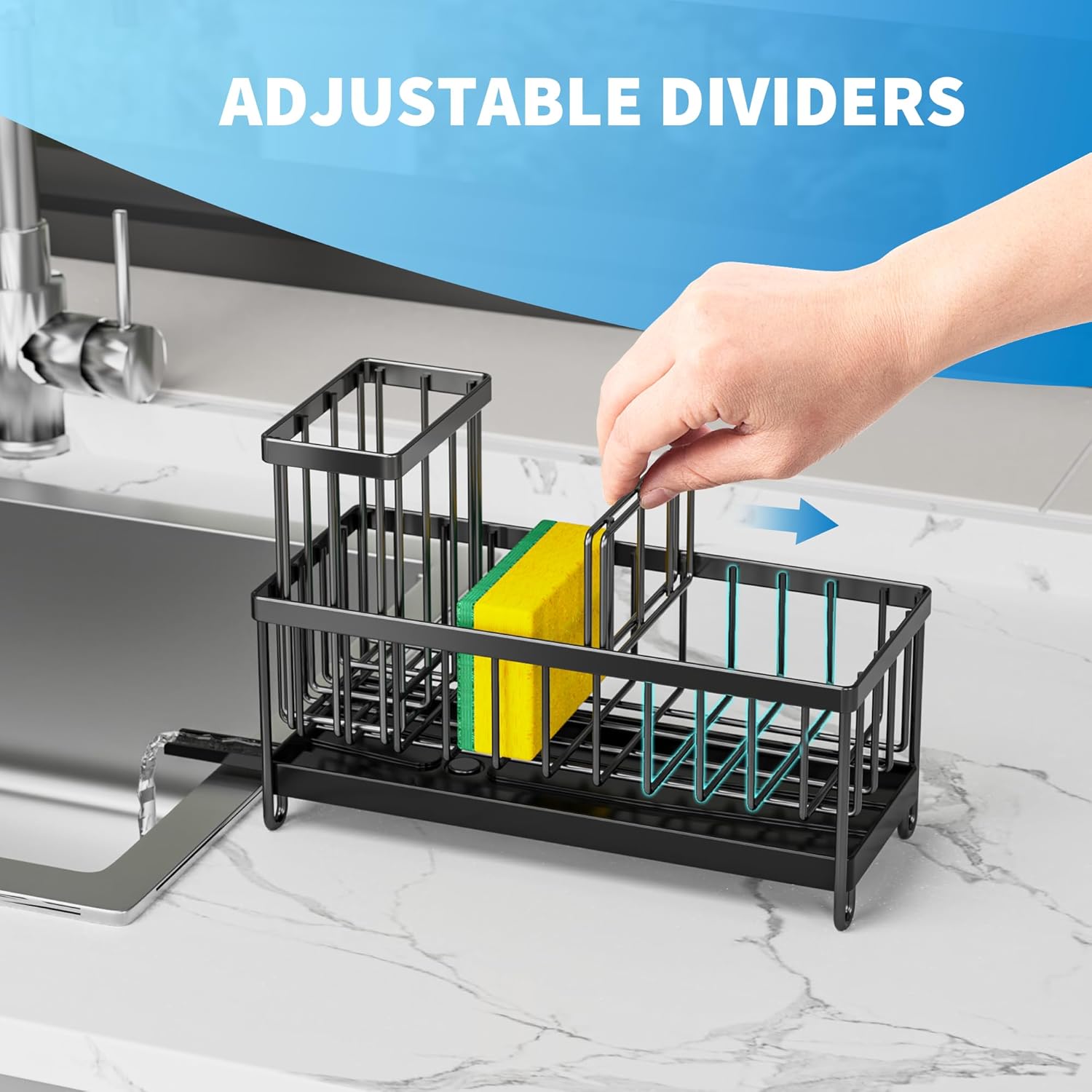 Cisily Sponge Holder for Kitchen Sink, Sink Caddy Organizer with High Brush Holder, Kitchen Countertop Organizers and Storage Essentials, Rustproof 304 Stainless Steel (Black, 9.25″)