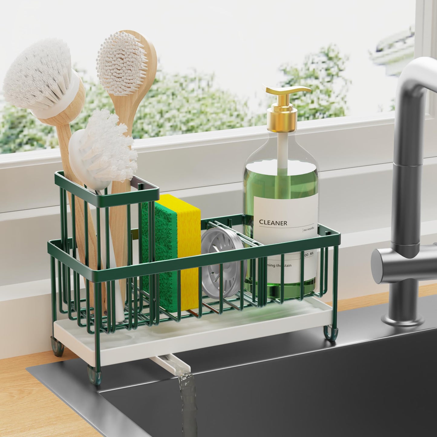 Cisily Sponge Holder for Kitchen Sink, Sink Caddy Organizer with High Brush Holder, Kitchen Countertop Organizers and Storage Essentials, Rustproof 304 Stainless Steel (Black, 9.25″)