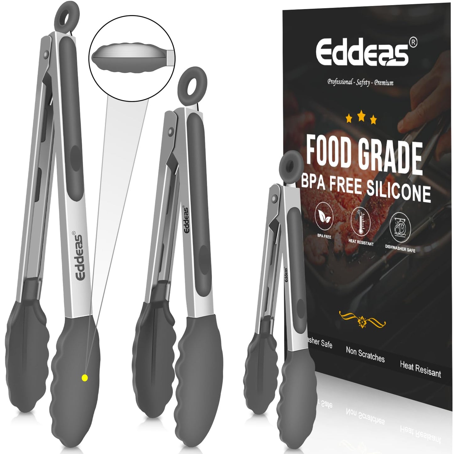 Tongs For Cooking - Heat Resistant 600 Degrees Stainless Steel Kitchen Tong,Heavy Duty Metal Locking Tongs - Perfect for Food,Salad and BBQ set of 3 (7",9" and 12") Dishwasher
