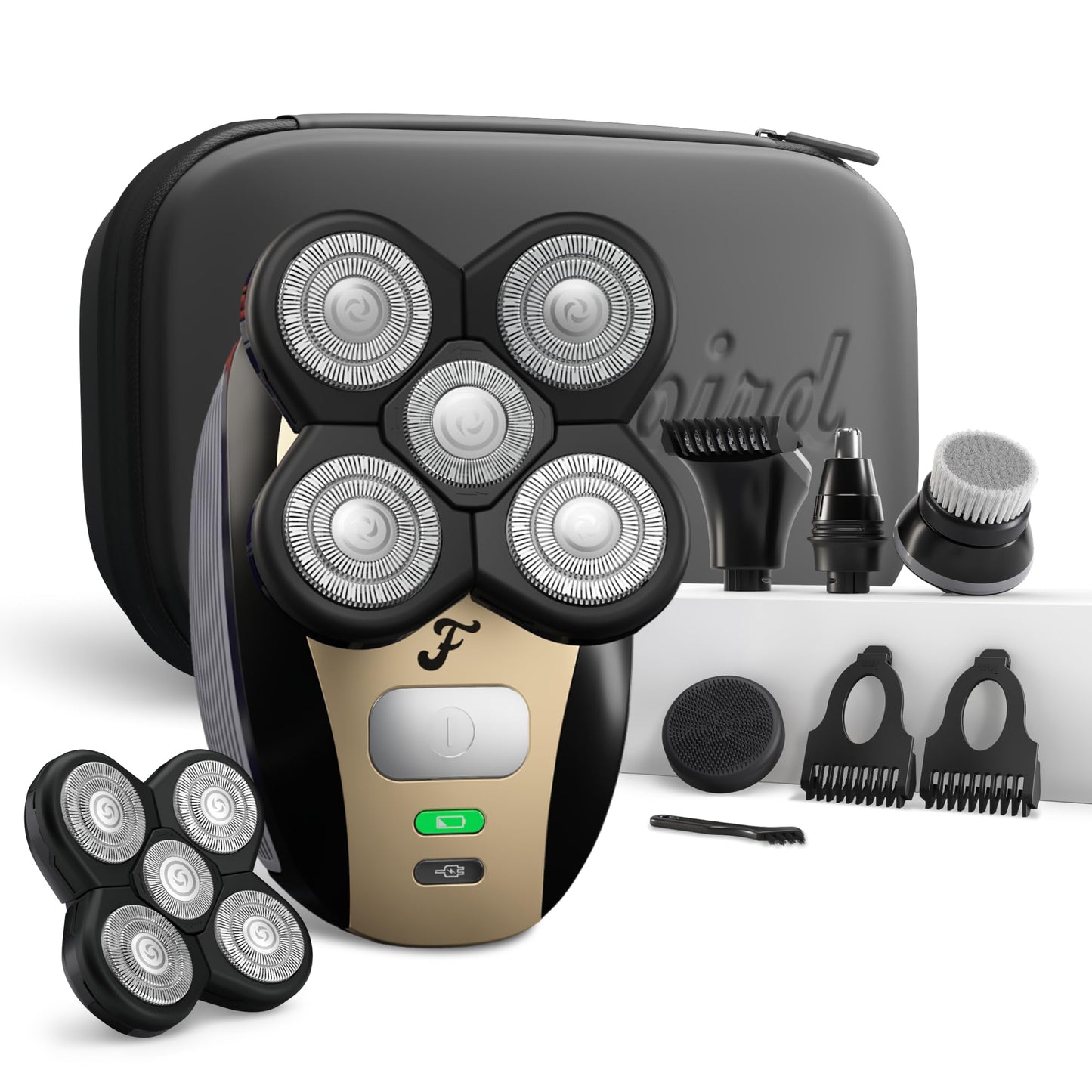 Freebird FlexSeries Electric Head & Body Hair Shaver - Mens Cordless Rechargeable Wet/Dry Skull Bald Head Back & Groin Waterproof Razor with Rotary Blades, Clippers, Nose Trimmer, Brush, Massager