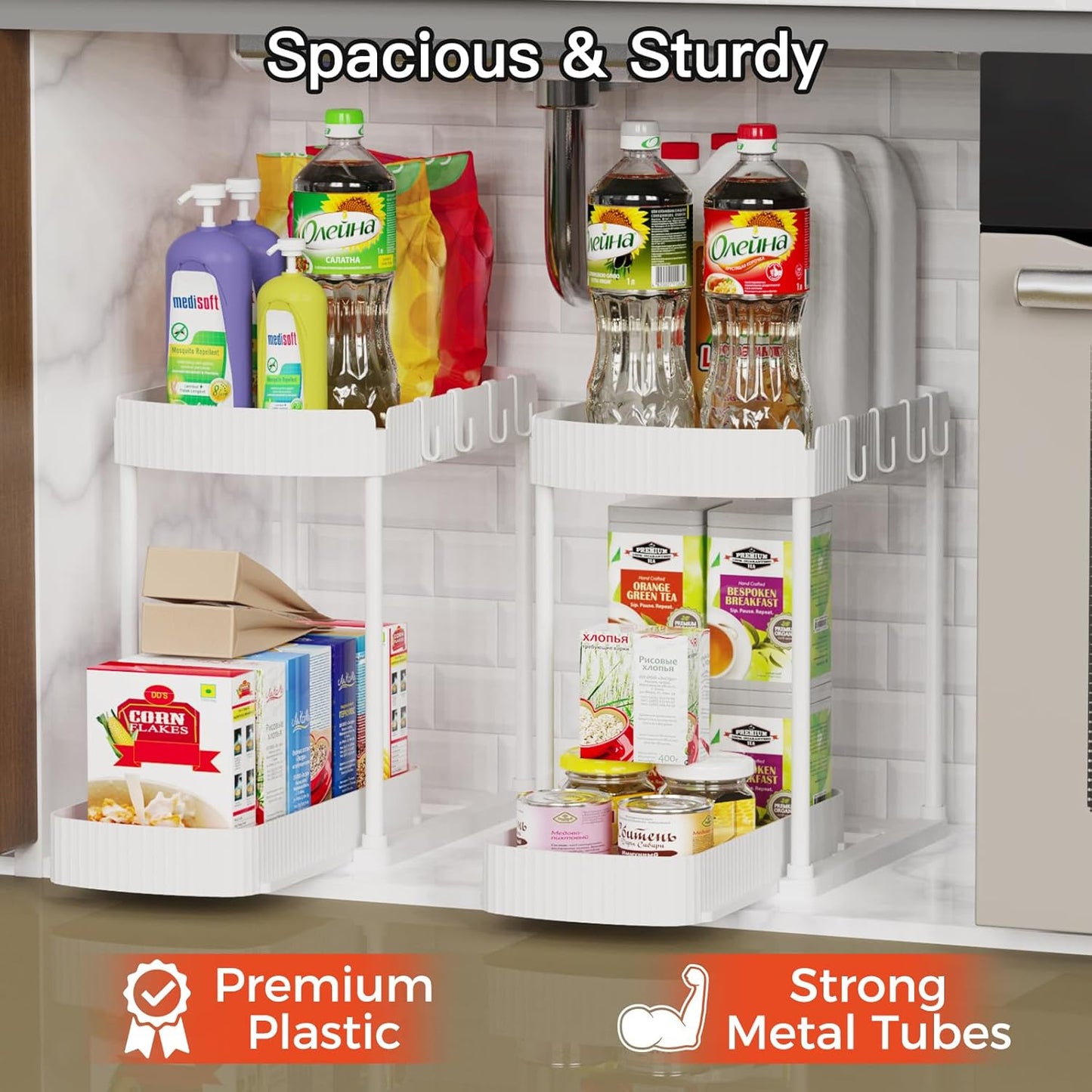 2 Pack Multi-Purpose Pull-Out Storage Organizers, Under Sink & Cabinet Storage, 12.8 Inch, White
