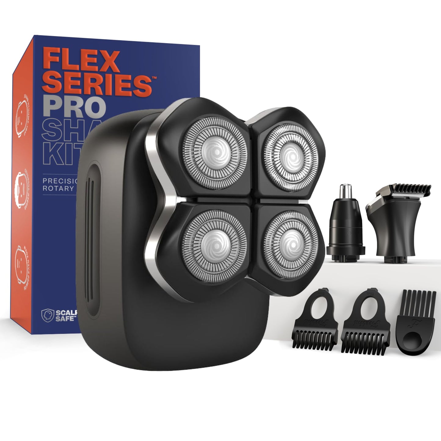 Freebird FlexSeries Electric Head & Body Hair Shaver - Mens Cordless Rechargeable Wet/Dry Skull Bald Head Back & Groin Waterproof Razor with Rotary Blades, Clippers, Nose Trimmer, Brush, Massager