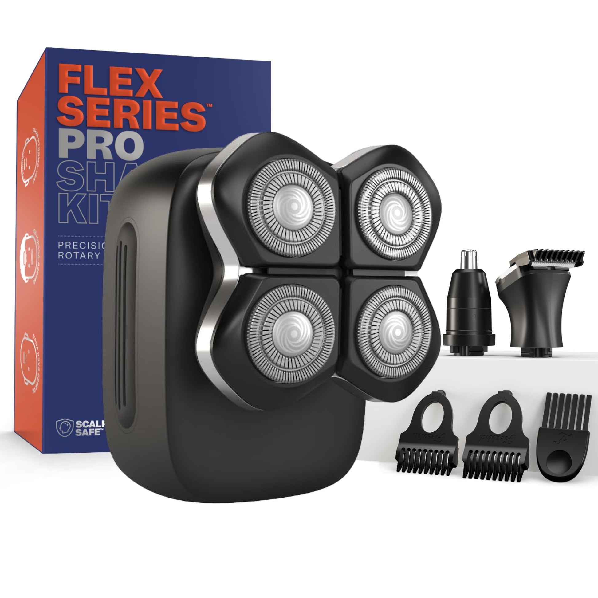 Freebird FlexSeries Electric Head & Body Hair Shaver - Mens Cordless Rechargeable Wet/Dry Skull Bald Head Back & Groin Waterproof Razor with Rotary Blades, Clippers, Nose Trimmer, Brush, Massager