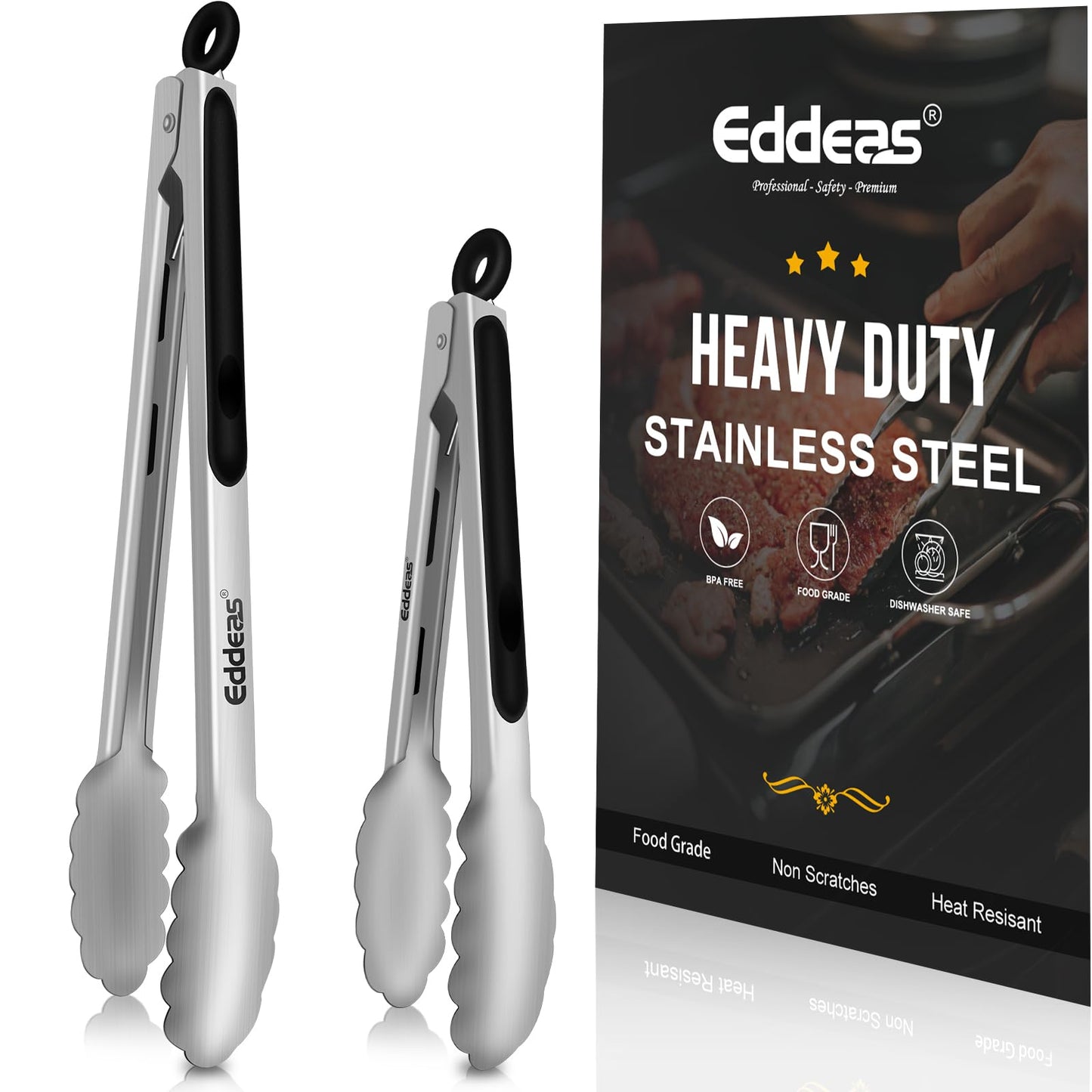 Tongs For Cooking - Heat Resistant 600 Degrees Stainless Steel Kitchen Tong,Heavy Duty Metal Locking Tongs - Perfect for Food,Salad and BBQ set of 3 (7",9" and 12") Dishwasher