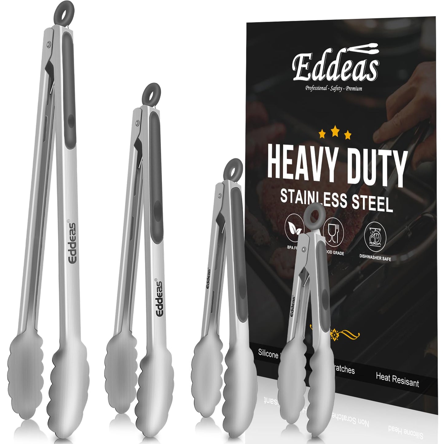 Tongs For Cooking - Heat Resistant 600 Degrees Stainless Steel Kitchen Tong,Heavy Duty Metal Locking Tongs - Perfect for Food,Salad and BBQ set of 3 (7",9" and 12") Dishwasher