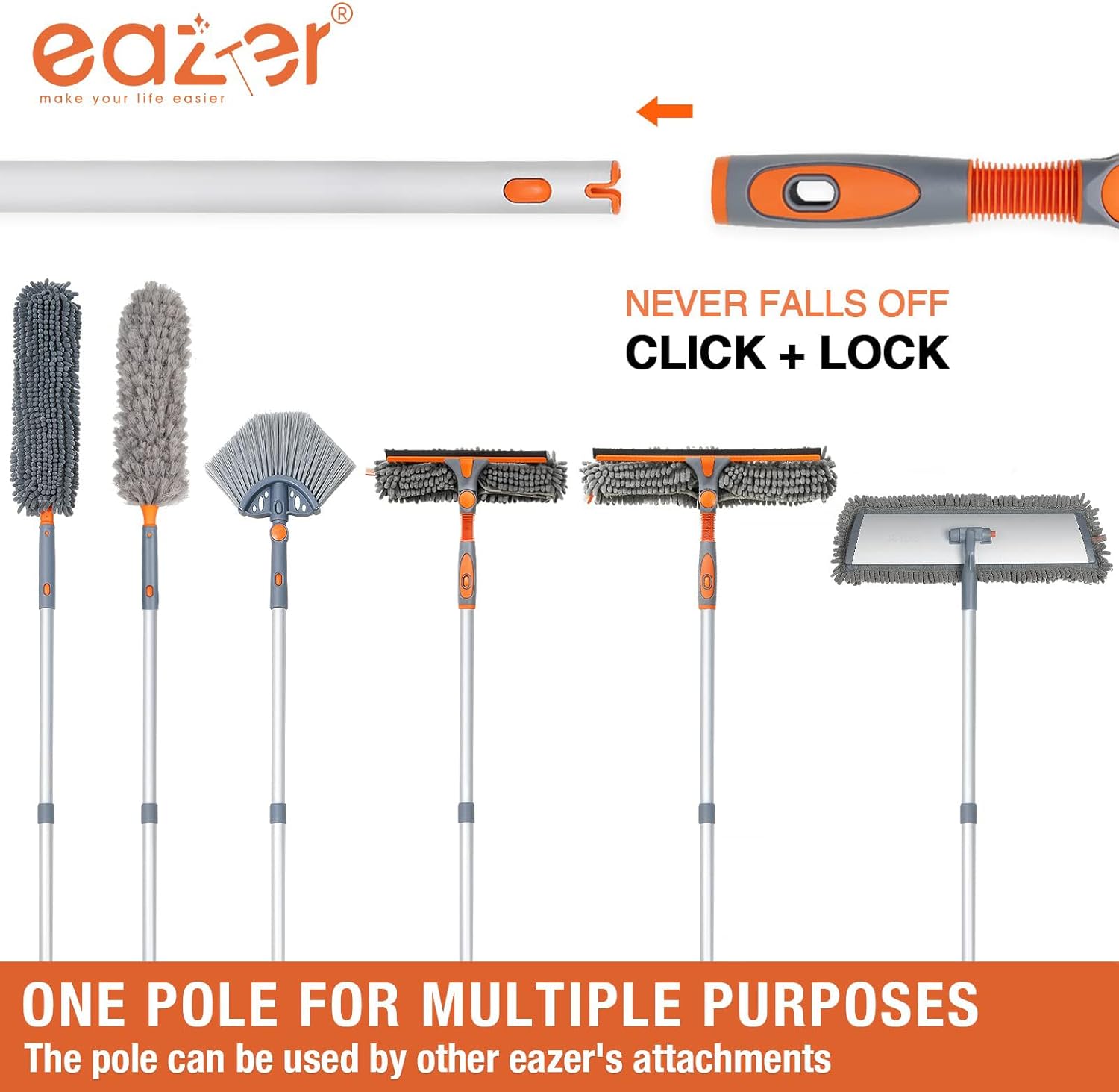 Eazer Squeegee Window Cleaner Tool, 2 in 1 Rotatable Window Cleaning Squeegee Kit with Extension Pole, 62'' Window Washing Kit, Bendable Head for Car Glass - 2 Scraper