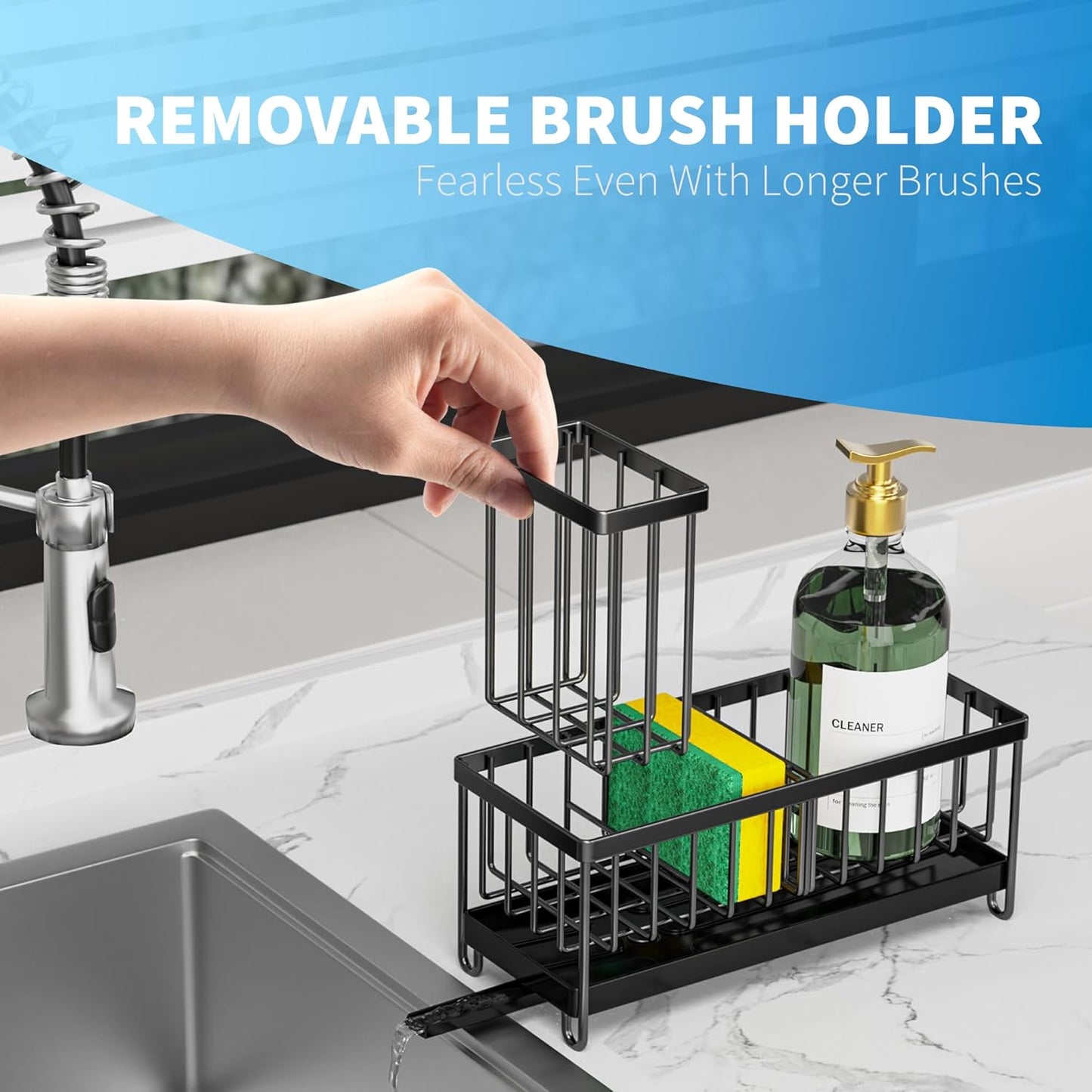 Cisily Sponge Holder for Kitchen Sink, Sink Caddy Organizer with High Brush Holder, Kitchen Countertop Organizers and Storage Essentials, Rustproof 304 Stainless Steel (Black, 9.25″)