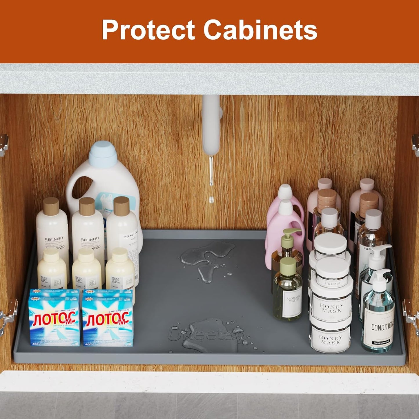 34" x 22" Extra Thick Waterproof Silicone Mat with Raised Edge, Under Sink Mat for Kitchen & Bathroom, Kitchen Cabinet Liner, Multi-Purpose for Storage & Protection, Gray