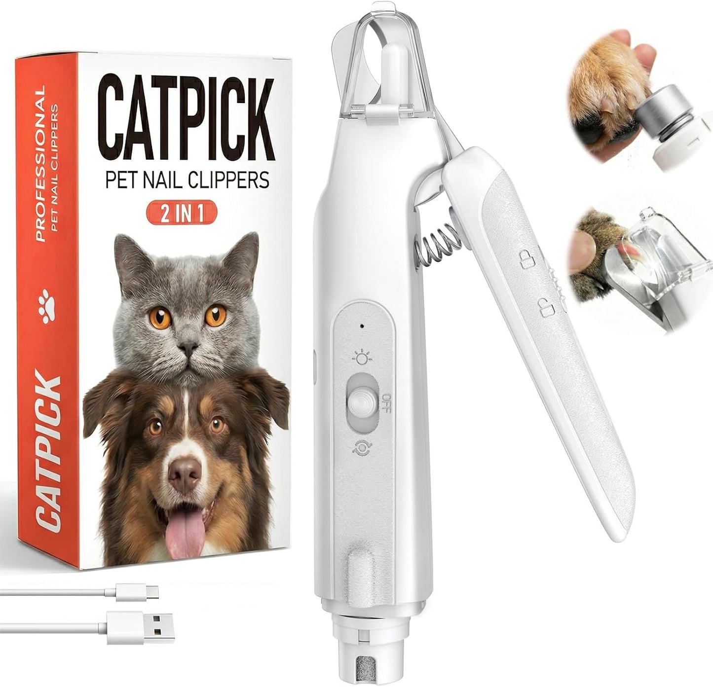 2-in-1 Dog Cat Nail Clipper & Grinder with LED Light (White) | Pet Nail Trimmers for Large Medium Small Dogs Cats Quick Sensor Safety Guard USB Rechargeable 2 LED Lights 3 Speed Grinder