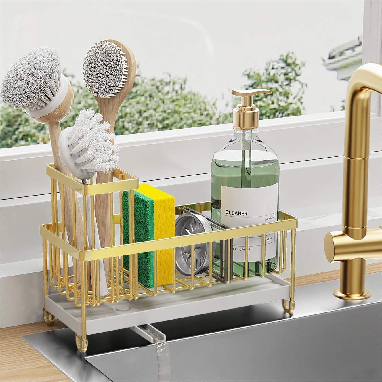 Cisily Sponge Holder for Kitchen Sink, Sink Caddy Organizer with High Brush Holder, Kitchen Countertop Organizers and Storage Essentials, Rustproof 304 Stainless Steel (Black, 9.25″)