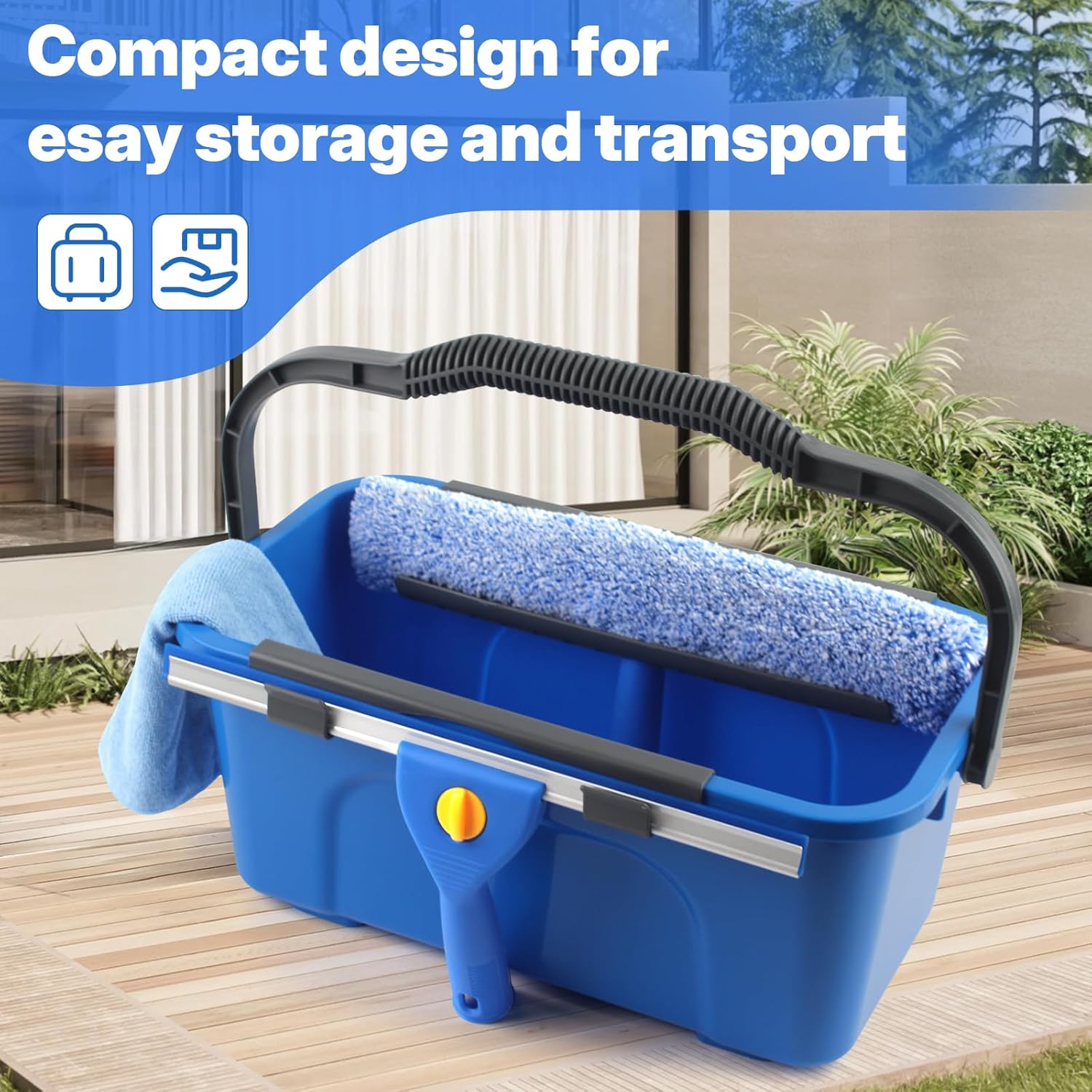 Window Cleaning Kit with Bucket 3 Gallon, 14" Window Squeegee and 15" Scrubber with 61" Long Handle, Professional Window Washing Equipment Cleaner Tool for Home Outdoor Commercial Use