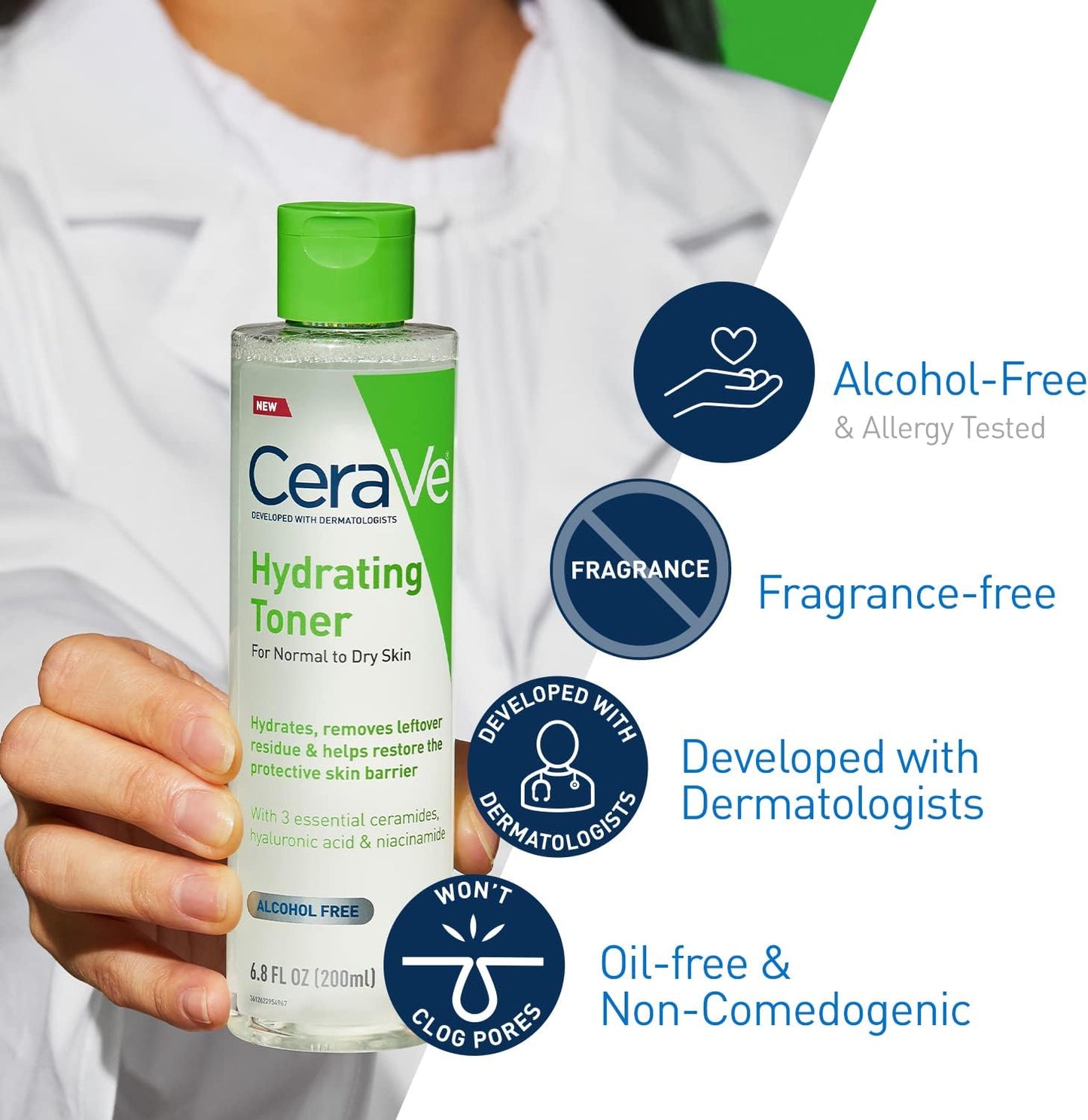 CeraVe Hydrating Toner for Face Non-Alcoholic with Hyaluronic Acid, Niacinamide, and Ceramides for Sensitive Dry Skin, Fragrance-Free Non Comedogenic, Full Size, 6.8 Fl Oz