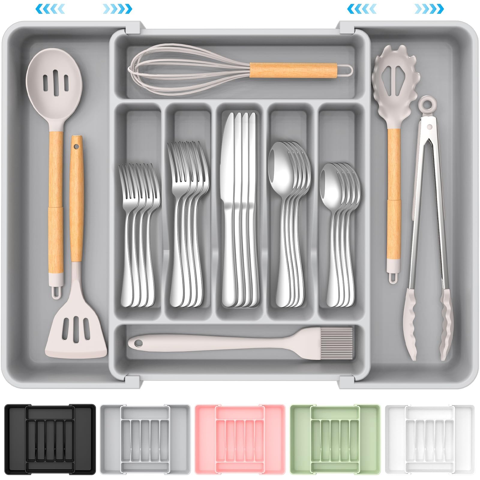 Extra Large Expandable Silverware Organizer, BPA-Free Food-Safe Cutlery Flatware Organizer, Kitchen Utensil Drawer Organizer, Adjustable Silverware Holder for Spoons Forks Knives, Black