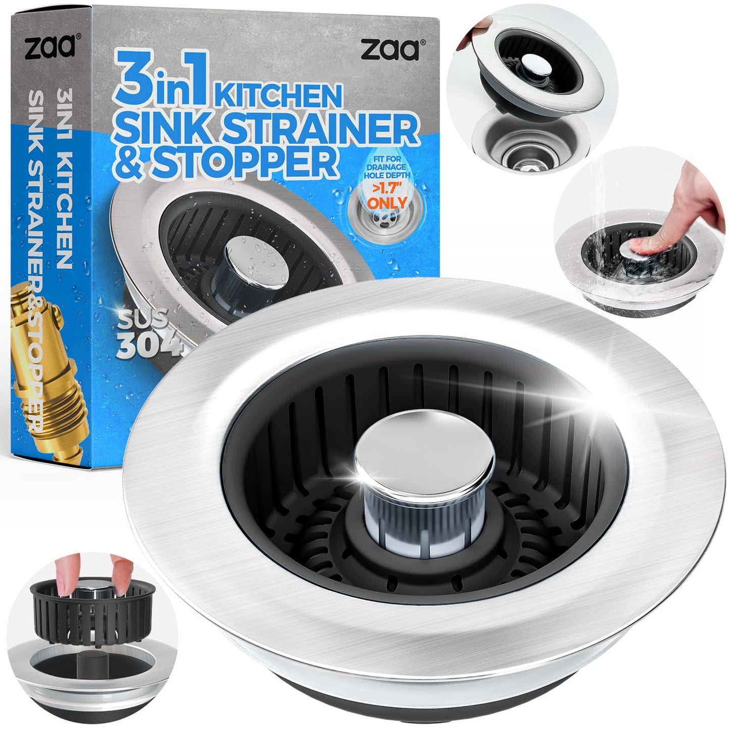 Sink Drain Strainer - Sink Stopper Kitchen Drain, 3 in 1 Kitchen Sink Drain Strainer with Anti-Clogging Basket, Kitchen Gadgets Clearance Sink Accessories, Fit US Standard 3-1/2'' Sink Hole, Silver