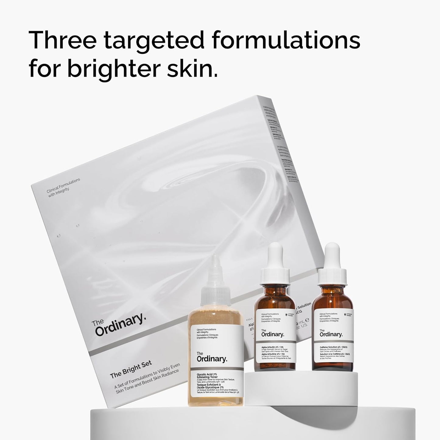 The Ordinary The Bright Set, 3-Step Regimen for Radiant, Even Skin Tone with Glycolic Acid 7% Exfoliating Toner, Alpha Arbutin 2% + HA, and Caffeine Solution 5% + EGCG Eye Serum | Skin Care Set