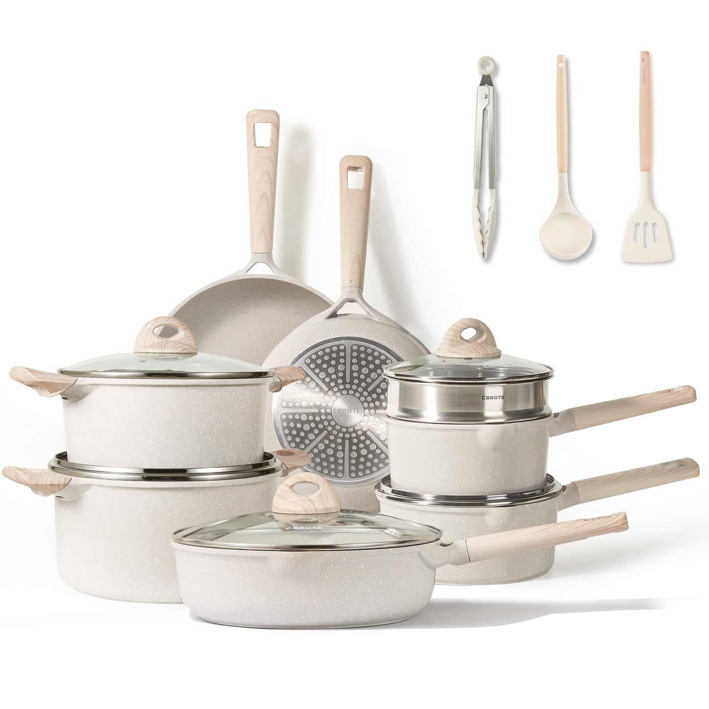 CAROTE 21Pcs Pots and Pans Set, Nonstick Cookware Sets, White Granite Induction Cookware Non Stick Cooking Set w/Frying Pans & Saucepans(PFOS, PFOA Free)