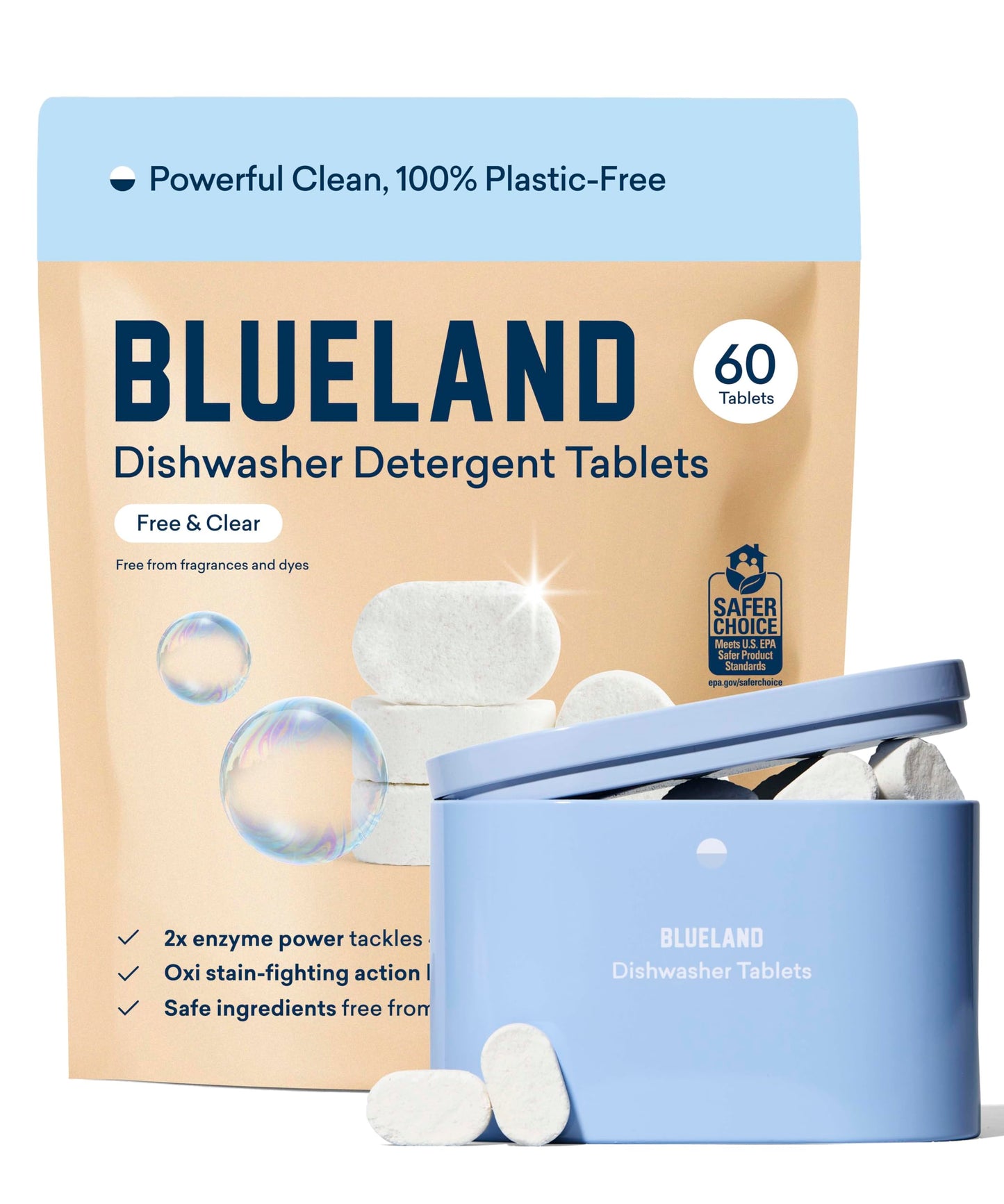 BLUELAND 100% Plastic-Free Dishwasher Detergent Tablets, 60 Count, Free & Clear, Eco-Friendly Dishwashing Pods, Natural, USDA Certified biobased