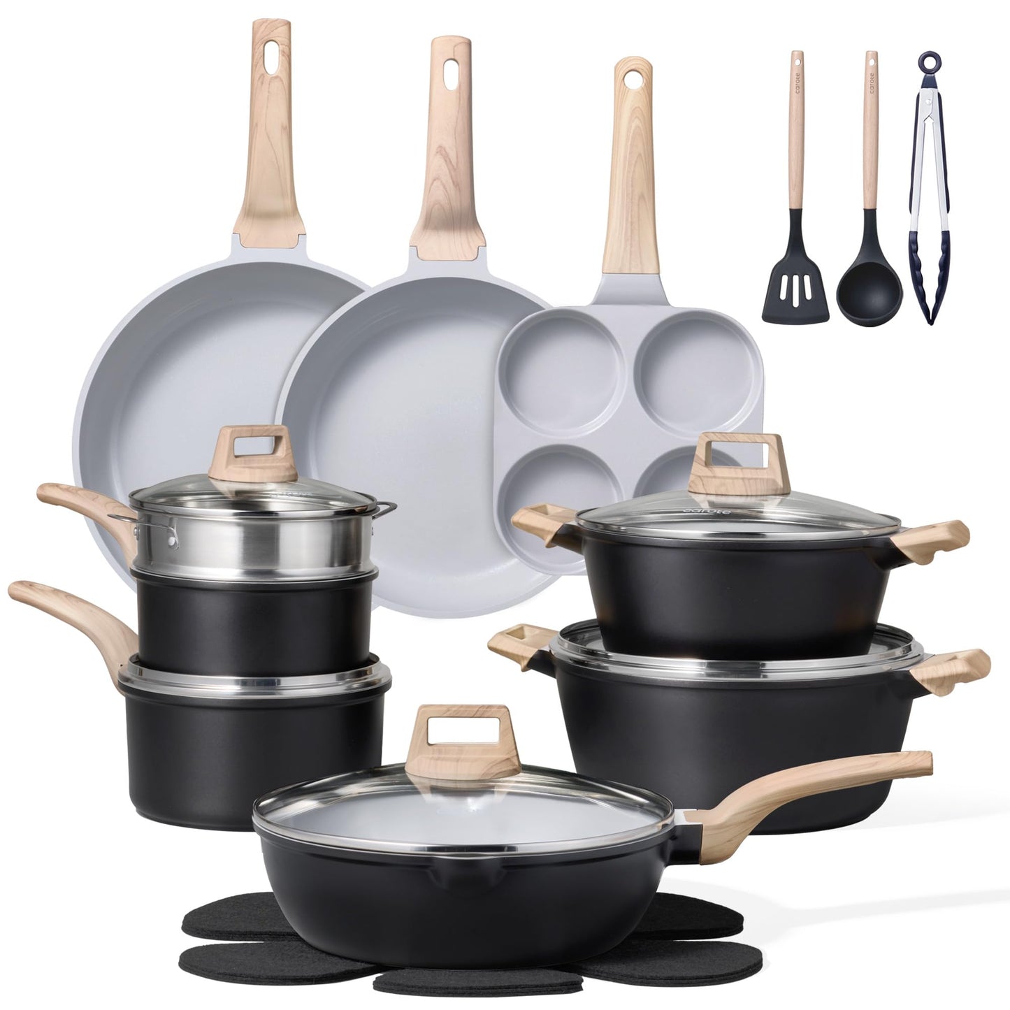 CAROTE 21Pcs Pots and Pans Set, Nonstick Cookware Sets, White Granite Induction Cookware Non Stick Cooking Set w/Frying Pans & Saucepans(PFOS, PFOA Free)