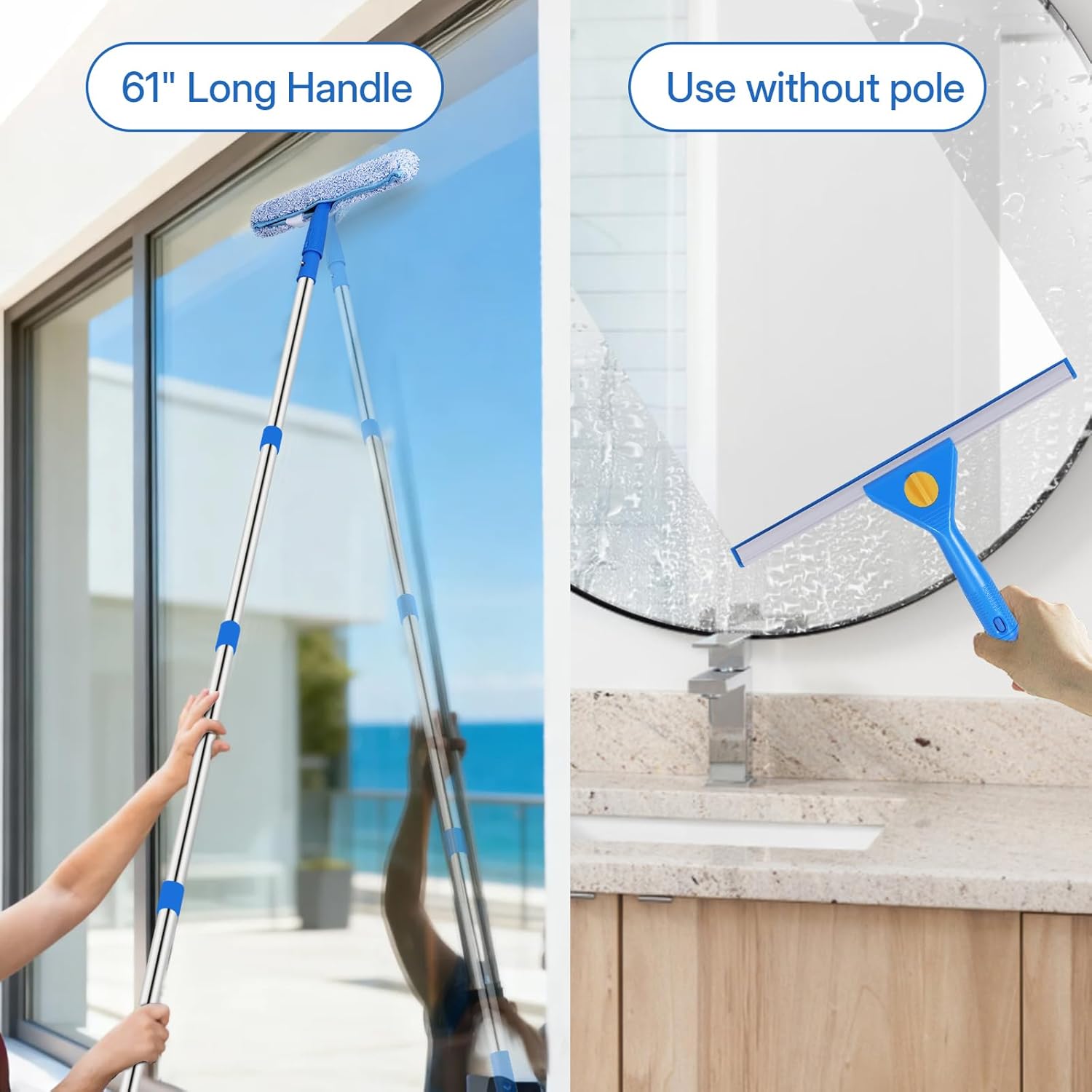 Window Cleaning Kit with Bucket 3 Gallon, 14" Window Squeegee and 15" Scrubber with 61" Long Handle, Professional Window Washing Equipment Cleaner Tool for Home Outdoor Commercial Use