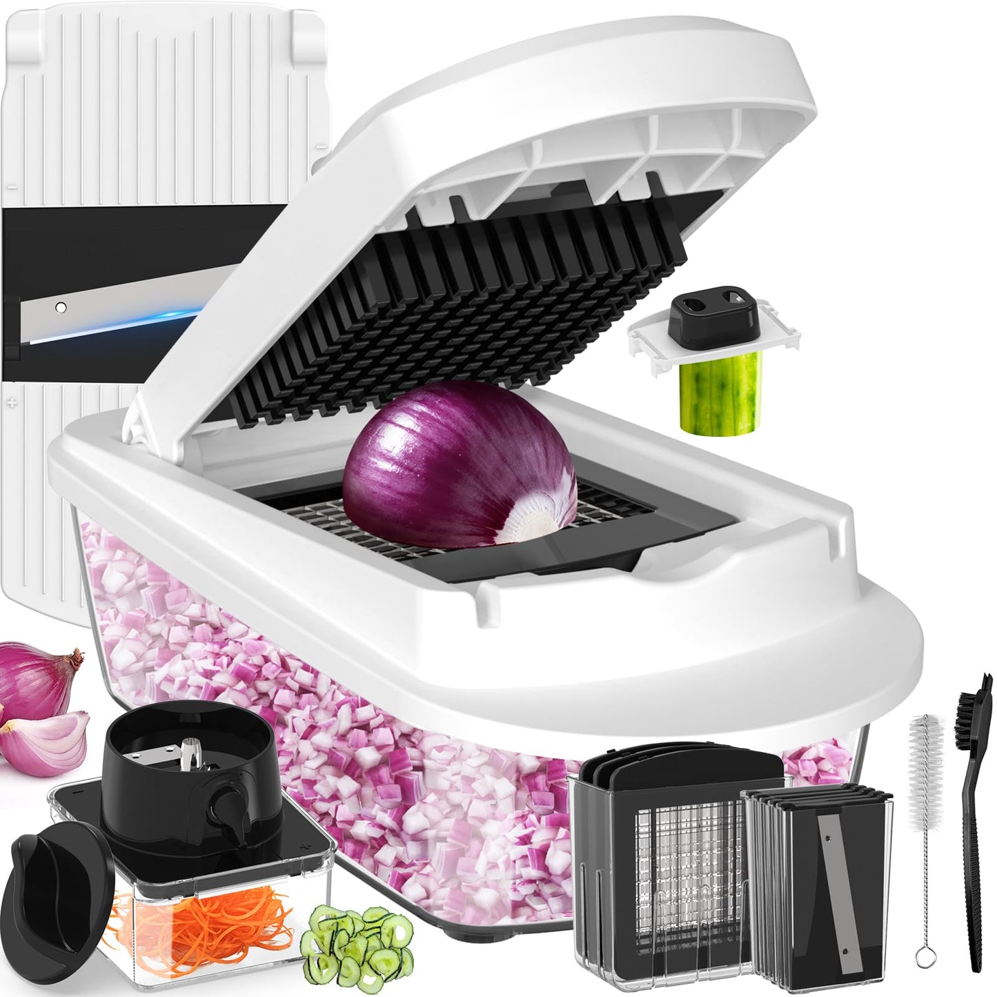 8 Blade All-in-1 Vegetable Chopper Mandoline Slicer with Container, Food Chopper, Onion Chopper, Veggie Cutter for Salad, Kitchen Gadgets Accessories Essentials, White