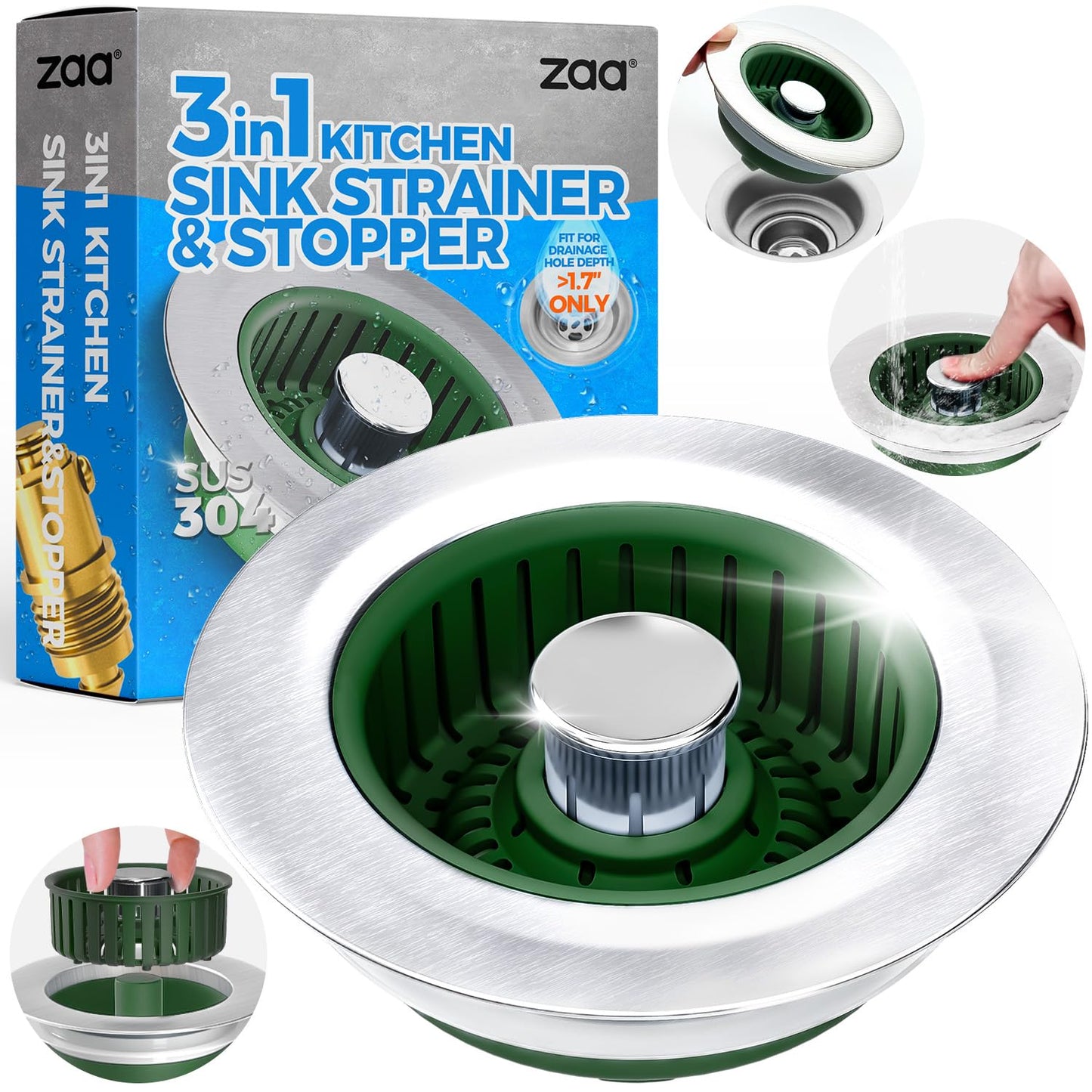 Sink Drain Strainer - Sink Stopper Kitchen Drain, 3 in 1 Kitchen Sink Drain Strainer with Anti-Clogging Basket, Kitchen Gadgets Clearance Sink Accessories, Fit US Standard 3-1/2'' Sink Hole, Silver