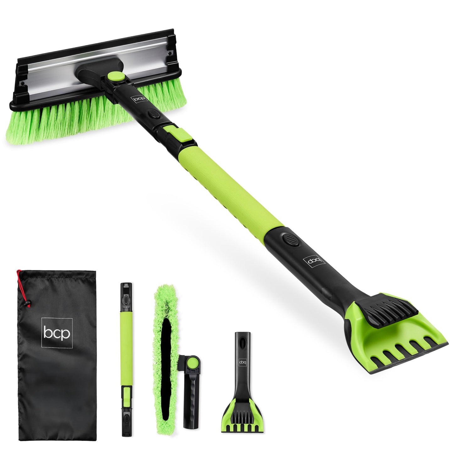 Best Choice Products 4 in 1 Snow Brush with Shovel, Squeegee & Ice Scraper, Up to 39" Extendable Foam Grip, 270° Pivoting Snow Brush for Car Truck SUV, Storage Bag Included - Lime