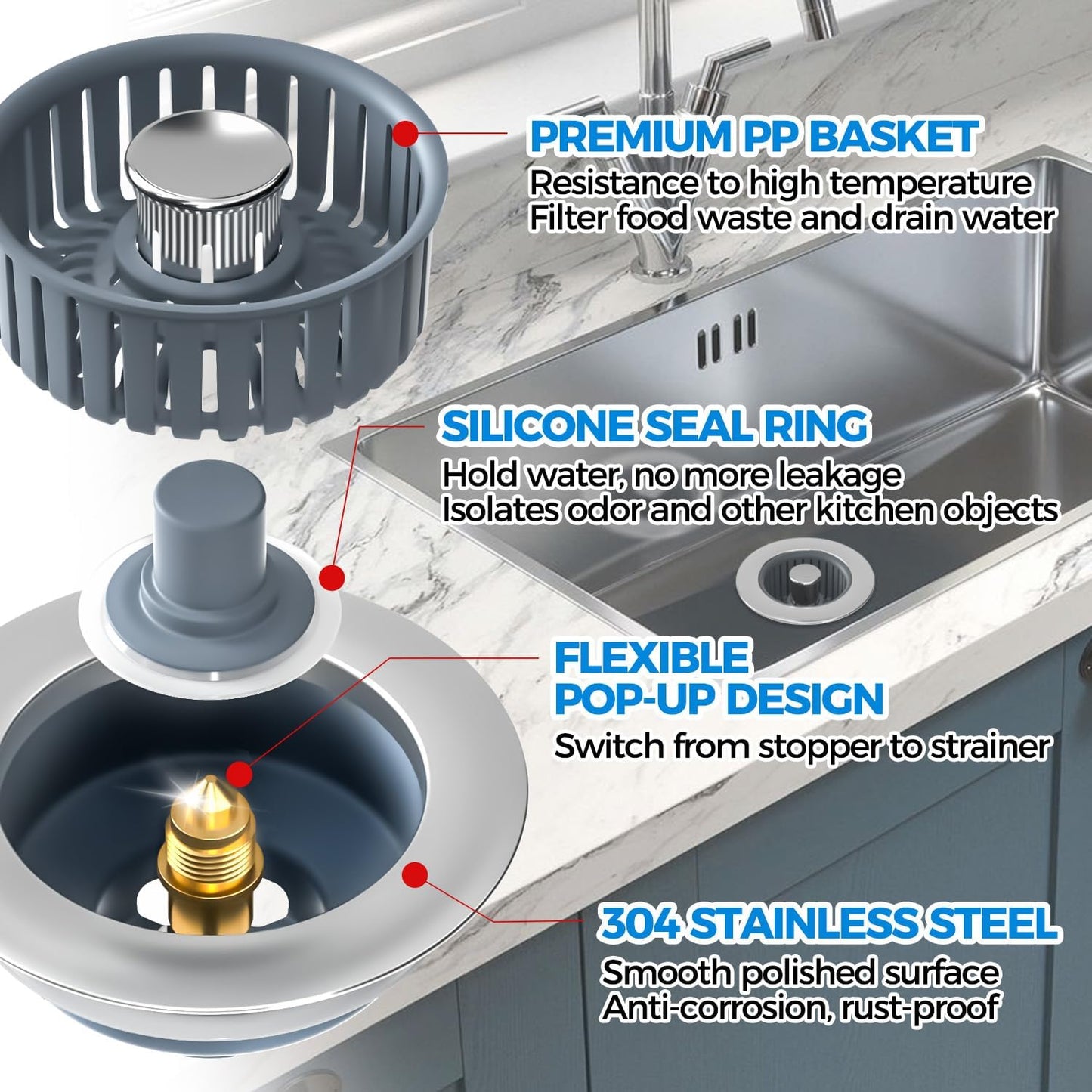 Sink Drain Strainer - Sink Stopper Kitchen Drain, 3 in 1 Kitchen Sink Drain Strainer with Anti-Clogging Basket, Kitchen Gadgets Clearance Sink Accessories, Fit US Standard 3-1/2'' Sink Hole, Silver