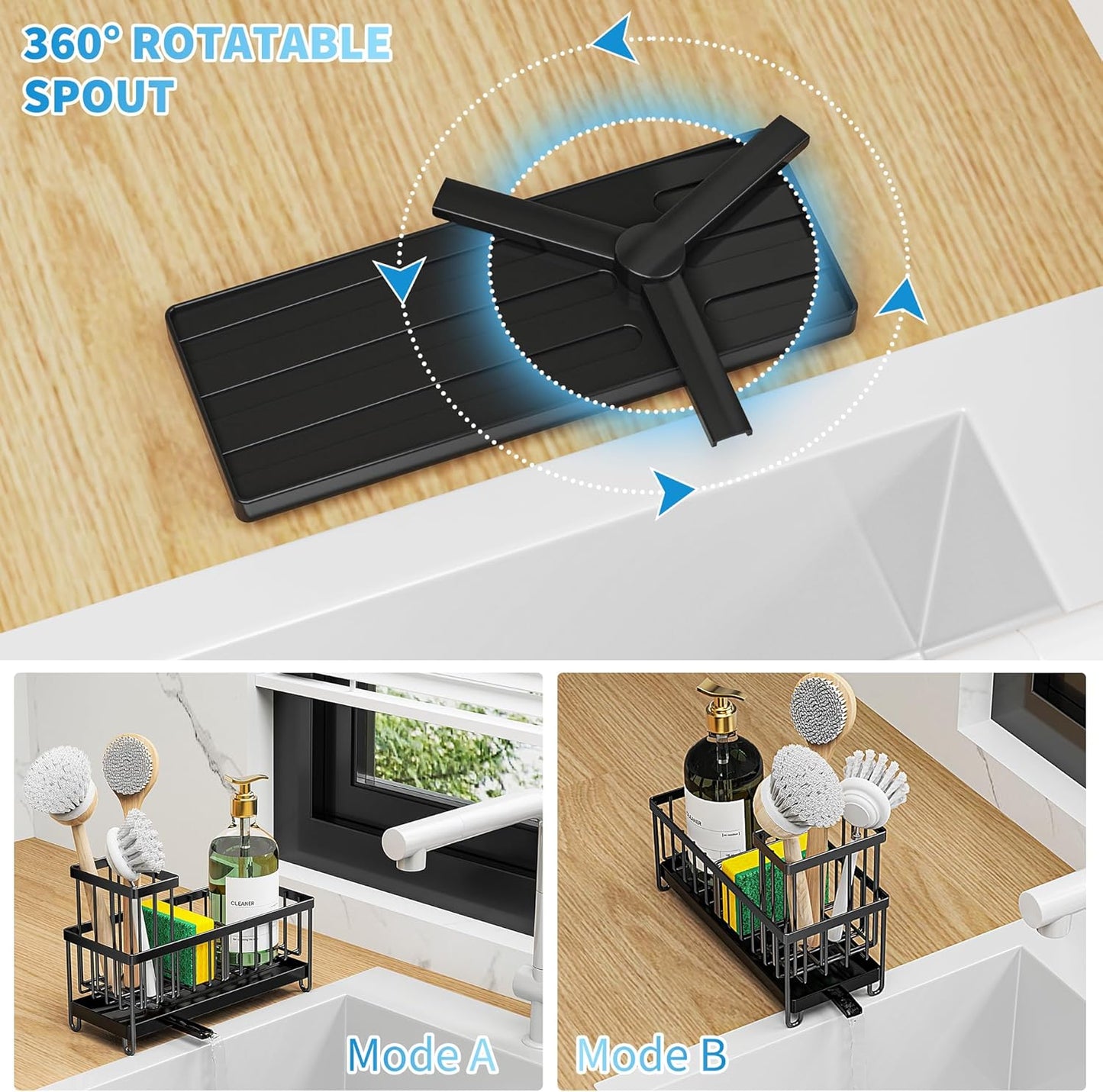 Cisily Sponge Holder for Kitchen Sink, Sink Caddy Organizer with High Brush Holder, Kitchen Countertop Organizers and Storage Essentials, Rustproof 304 Stainless Steel (Black, 9.25″)