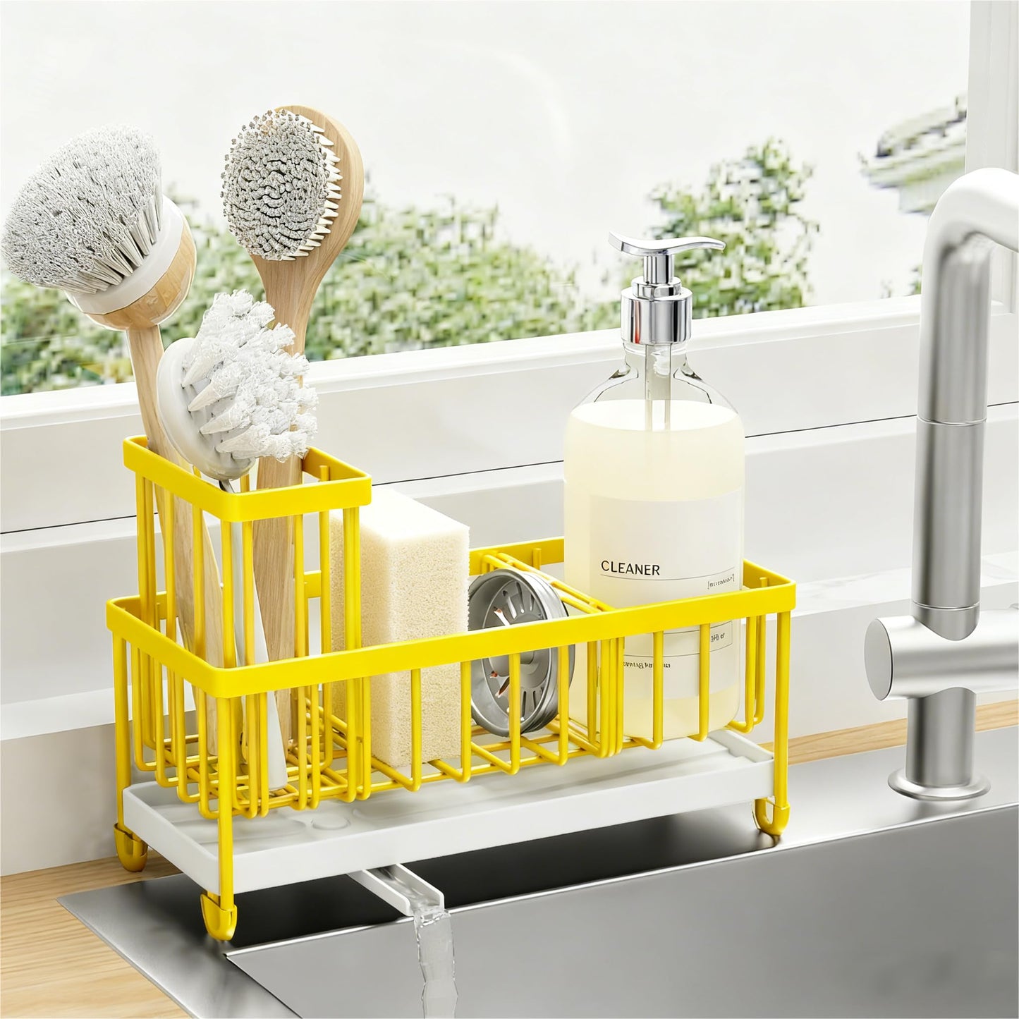 Cisily Sponge Holder for Kitchen Sink, Sink Caddy Organizer with High Brush Holder, Kitchen Countertop Organizers and Storage Essentials, Rustproof 304 Stainless Steel (Black, 9.25″)