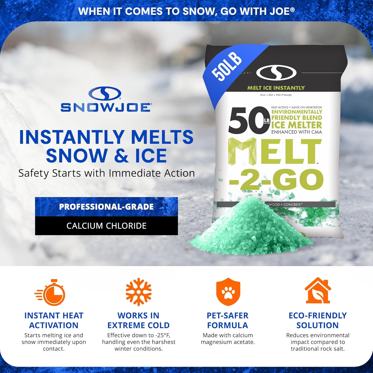 Snow Joe 2 Pack Premium Enviro Blend Snow & Ice Melt, Green-Coated Deicer Crystals, 50 lb - Safer Melter for Vegetation, Concrete & Metals